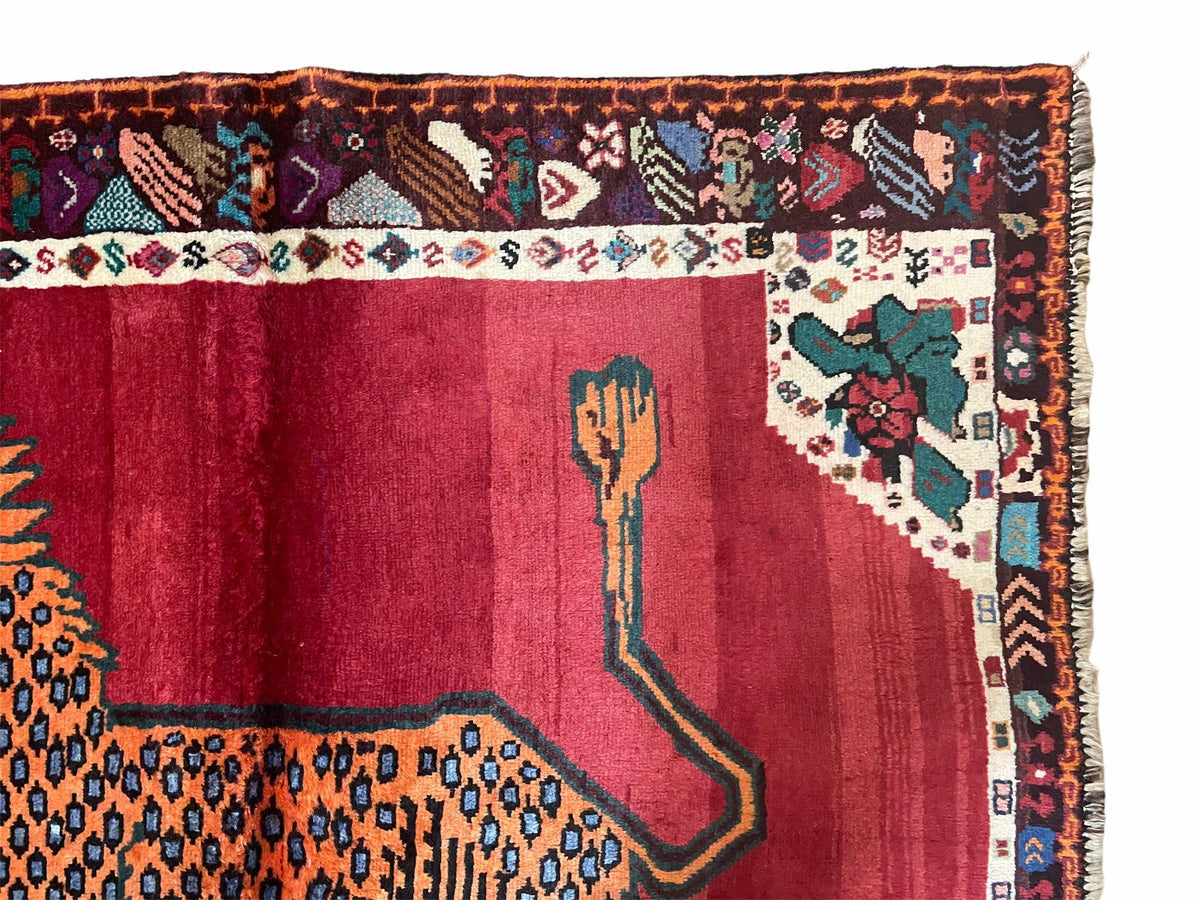 Antique Persian Gabbeh Wool Rug 4x5, Lion Pictorial Rug, Red Orange Black, Hand Knotted Handmade Vintage Gabbeh Carpet 4 x 5 ft, Tribal Rug - Jewel Rugs, view 5