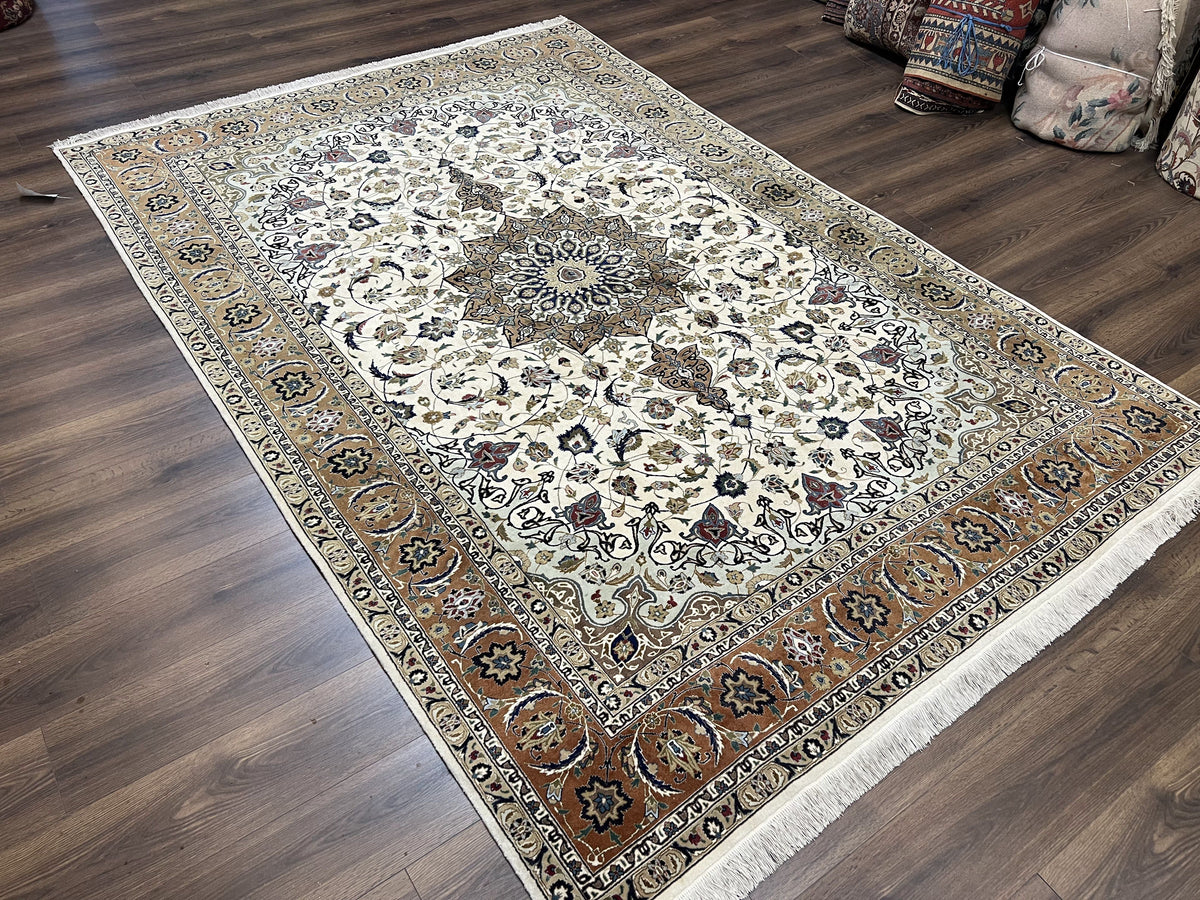 Wonderful Persian Tabriz Rug 7x10, Floral Medallion, Very Fine Oriental Carpet, Ivory - Jewel Rugs, view 13