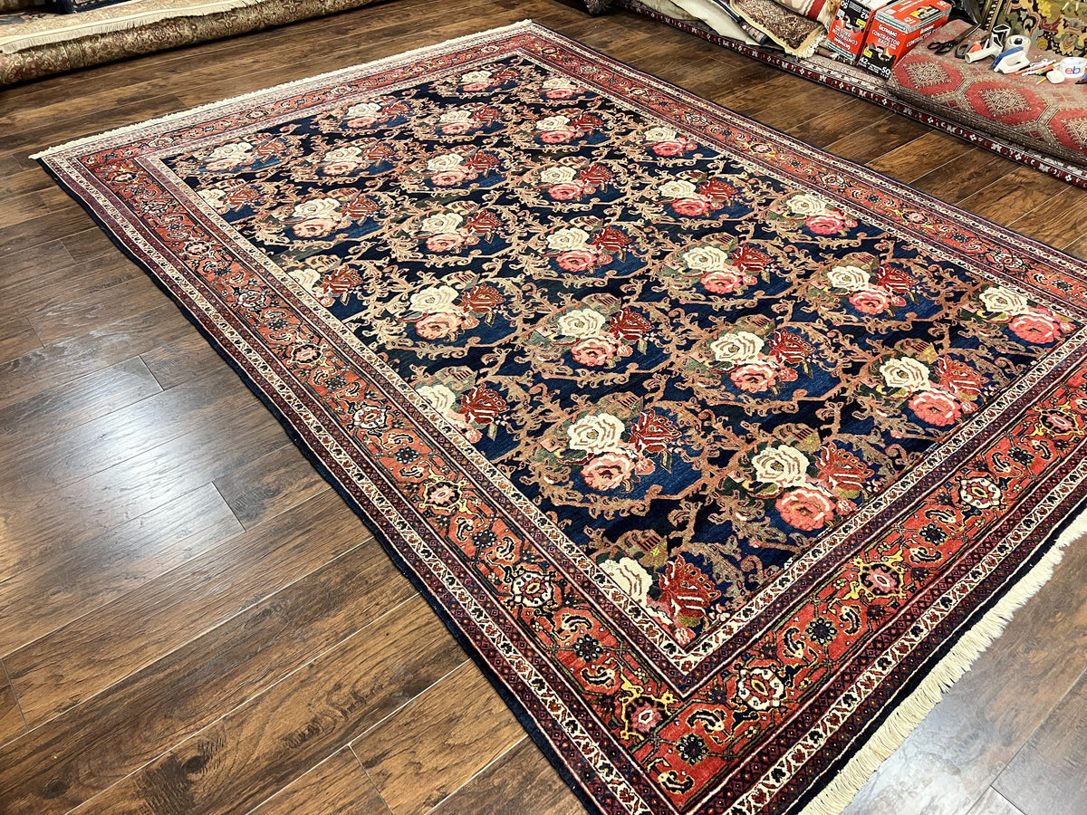 Persian Bidjar Rug 8x11, Floral Bouquets, Blue Black Red Pink, Handmade Hand Knotted Vintage Semi Antique Oriental Carpet - Jewel Rugs, view 12