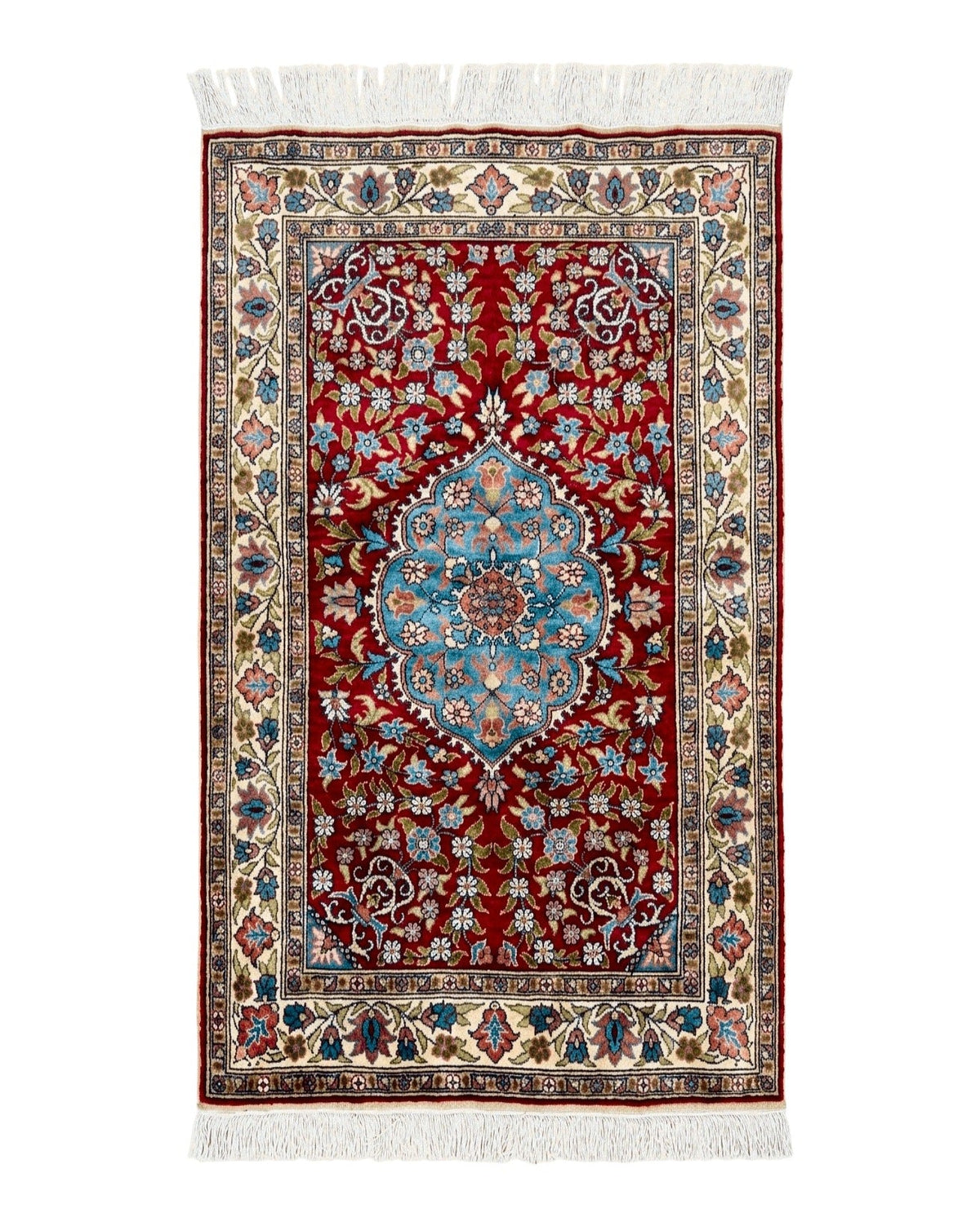 Silk Turkish Kayseri Rug 2x3, Small All Silk Turkish Carpet, Red and Light Blue, Very Fine Hand Knotted Semi Antique Vintage Handmade Rug - Jewel Rugs