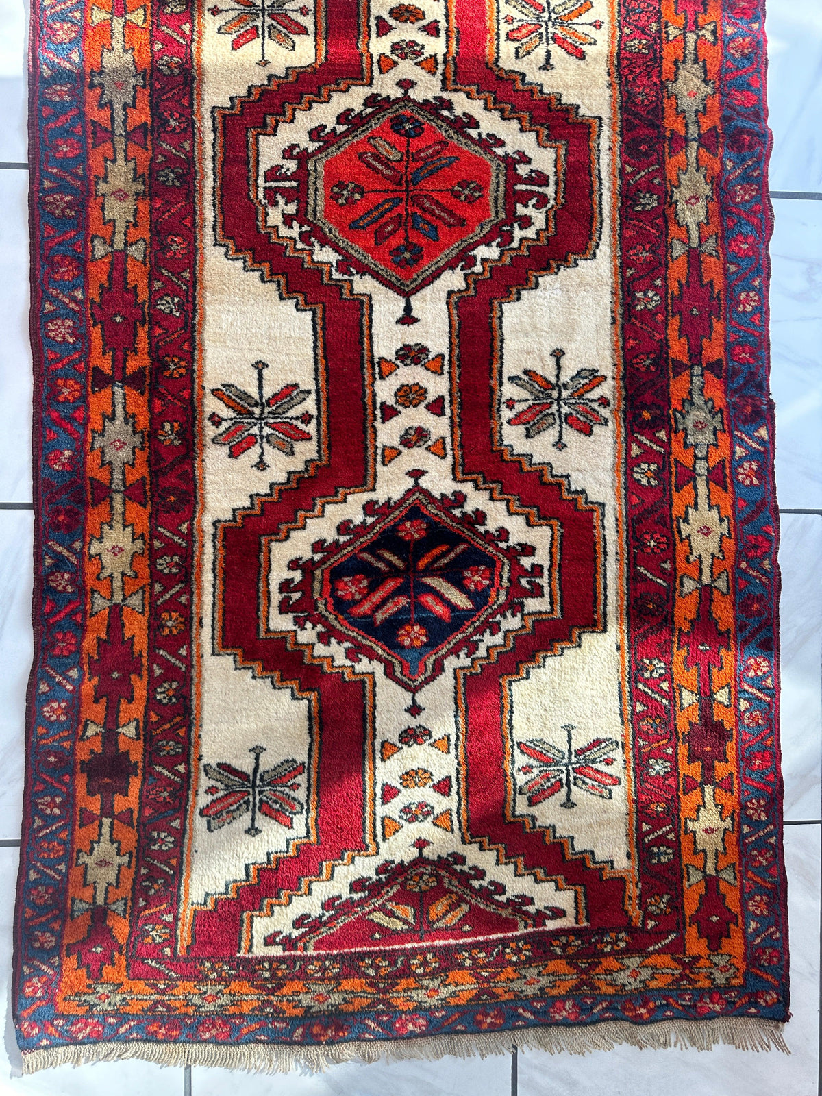 Vintage Persian Runner 4x10 | Ivory, Red & Burgundy | Hand-Knotted Wool - Rugistan, view 6