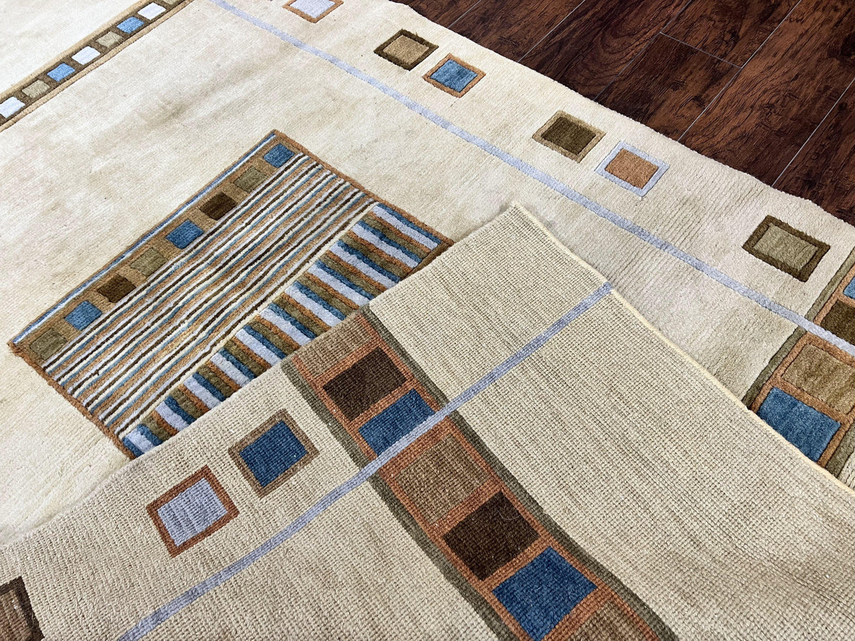 Tibetan Rug 5x8, Contemporary Rug 5 x 8 ft, Cream Brown Blue Hand-Knotted Wool w/ Silk Highlights Tibetan Carpet, Modern Rug - Jewel Rugs, view 12