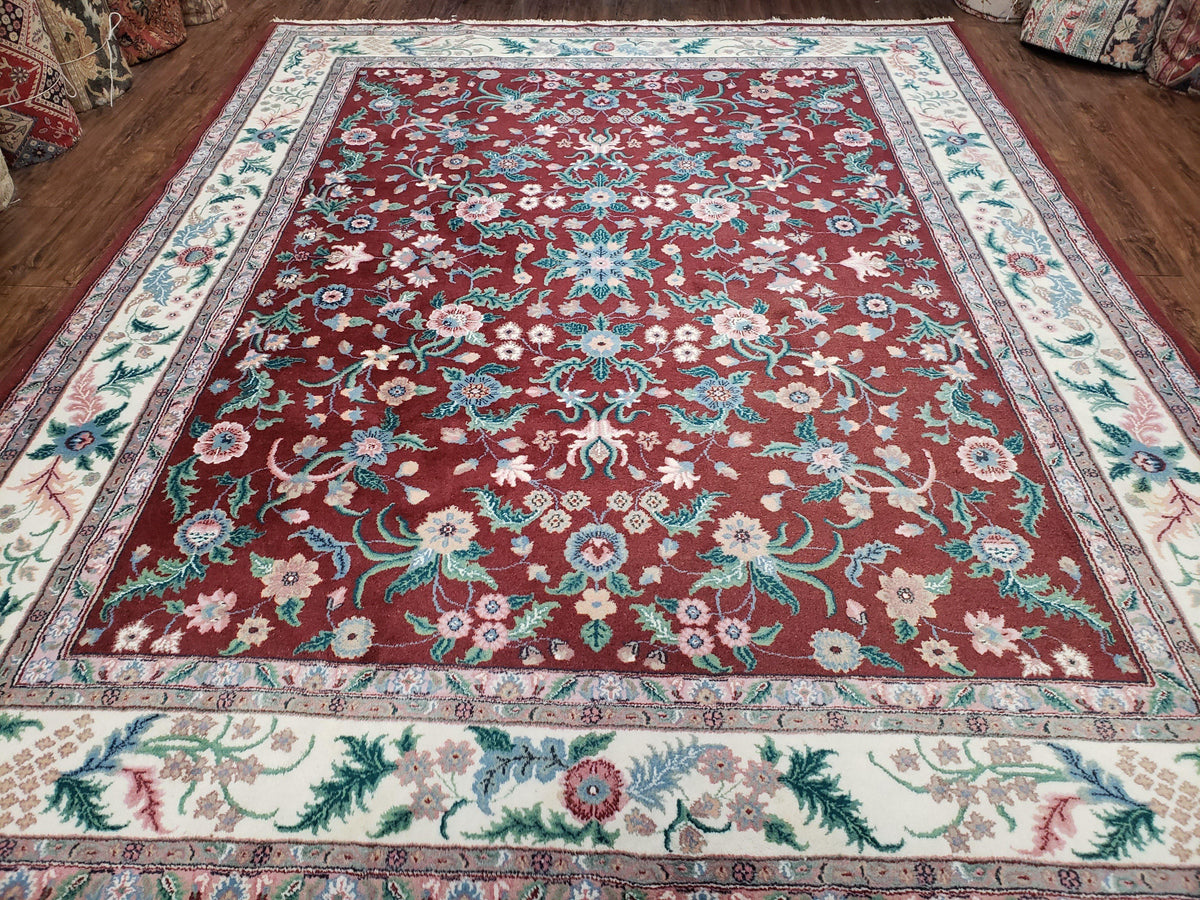 Indo Persian Rug 7.9 x 9.9 ft, Room Sized Indian Carpet, Wool Handmade Vintage Rug, Allover Floral Rug, Traditional Rug, Red Ivory Blue 8x10 - Jewel Rugs, view 2