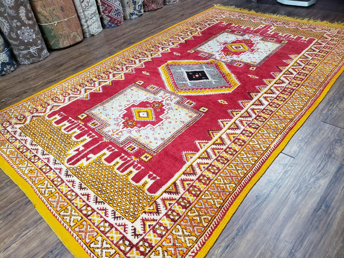 Vintage Moroccan Rug 6x10, Red and Yellow Moroccan Carpet, Handmade Bohemian Tribal Area Rug, Hand-Knotted 1970s Wool Rug, Medalions - Jewel Rugs, view 3