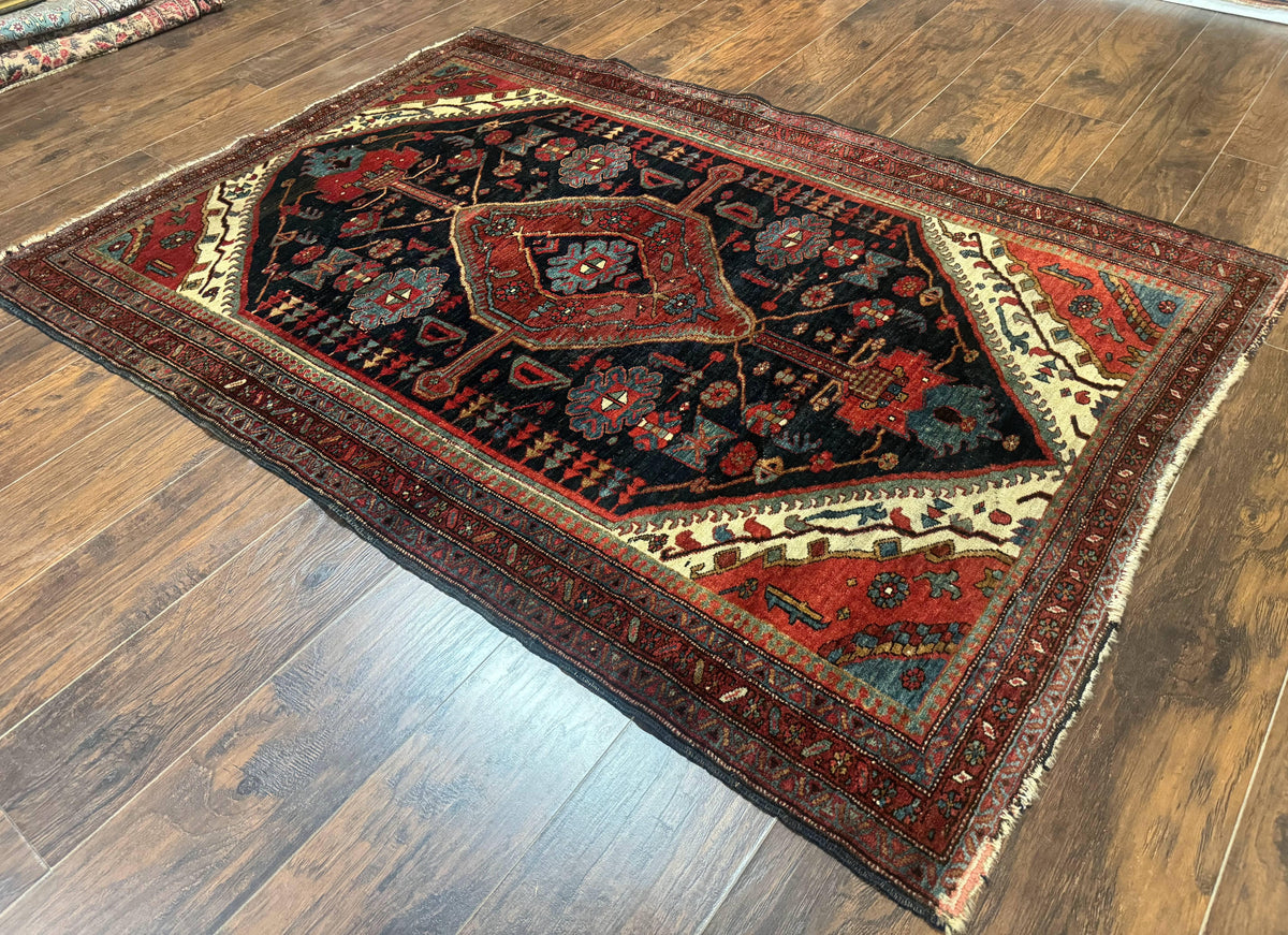 Antique Persian Bidjar Rug 5x6, Navy Blue and Red, Persian Tribal Rug - Jewel Rugs, view 13