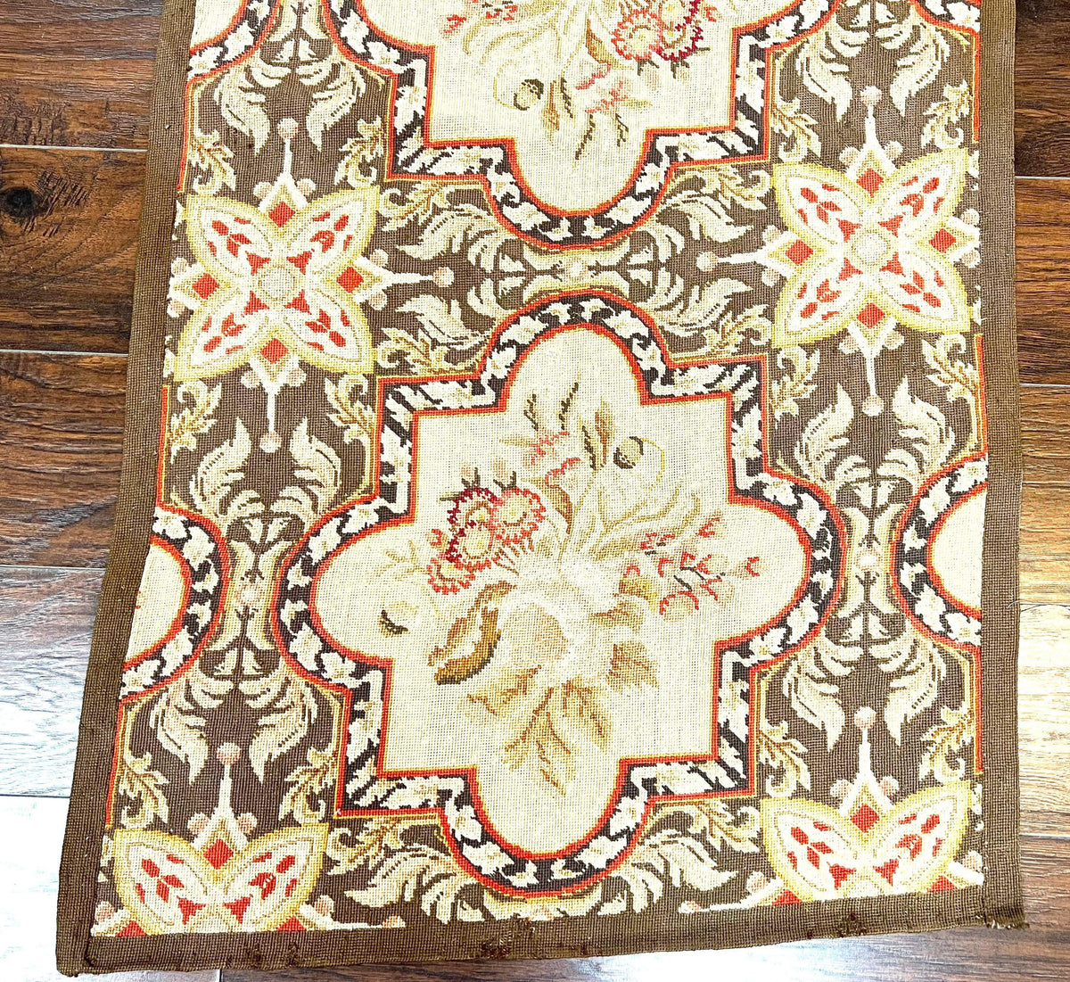 Needlepoint Runner Rug 2.8 x 9.8, Brown and Beige, Handwoven Handmade Floral French European Design, Vintage Flatweave 10ft Wool Runner Rug - Jewel Rugs, view 9