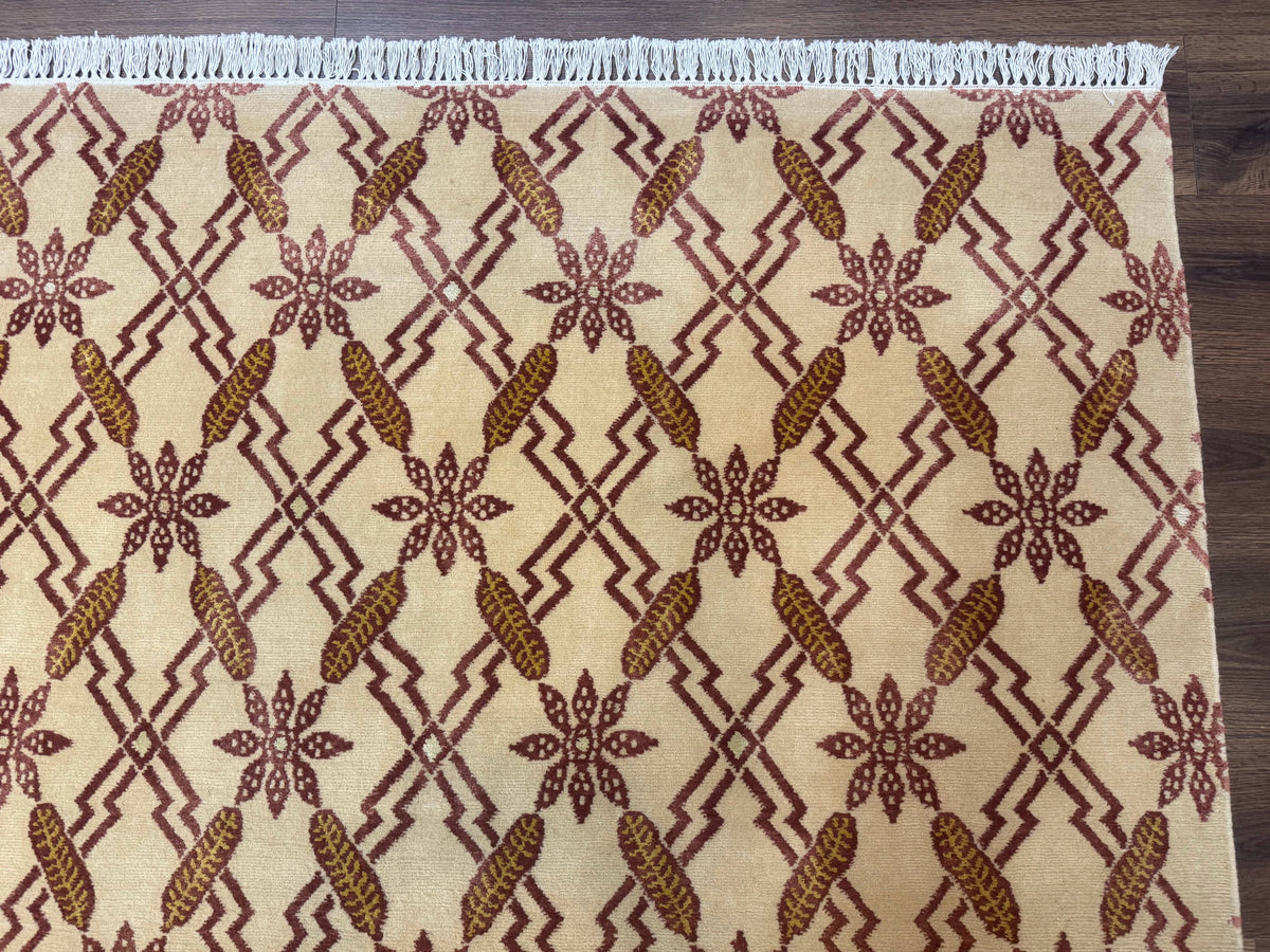 Tibetan Rug 8x10, Wool with Silk Highlights, Beige and Maroon, Contemporary Carpet - Jewel Rugs, view 8