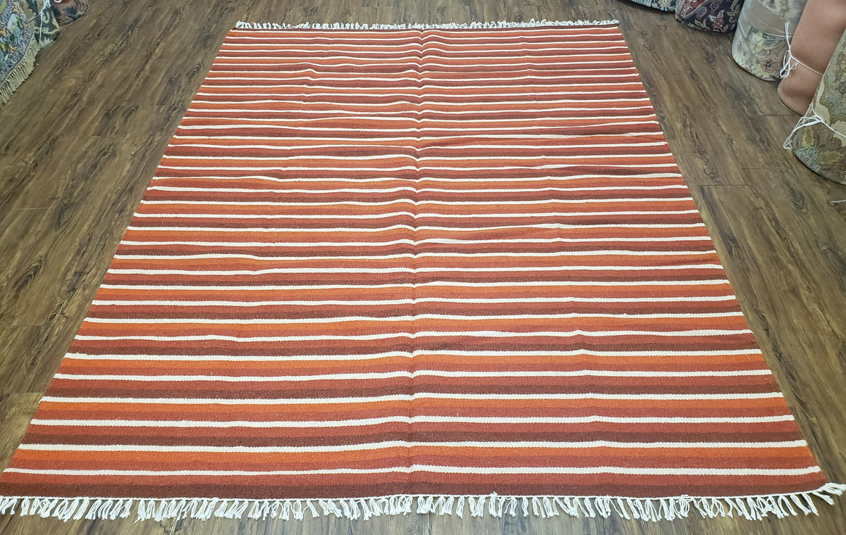 Large Striped Woolen Handmade Throw Blanket, Twin Size Bedding Hand-Woven, Indian Kilim Area Rug, 6x8 - 7x8, South American Style Textile - Jewel Rugs, view 2