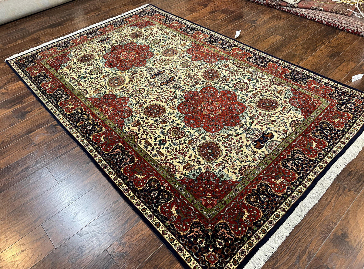 Wonderful Sino Persian Rug 6x10 with Animal Pictorial Motifs, Cream Dark Red Navy Blue, Birds Gazelles, Two Medallions, Top Quality Handmade - Jewel Rugs, view 13