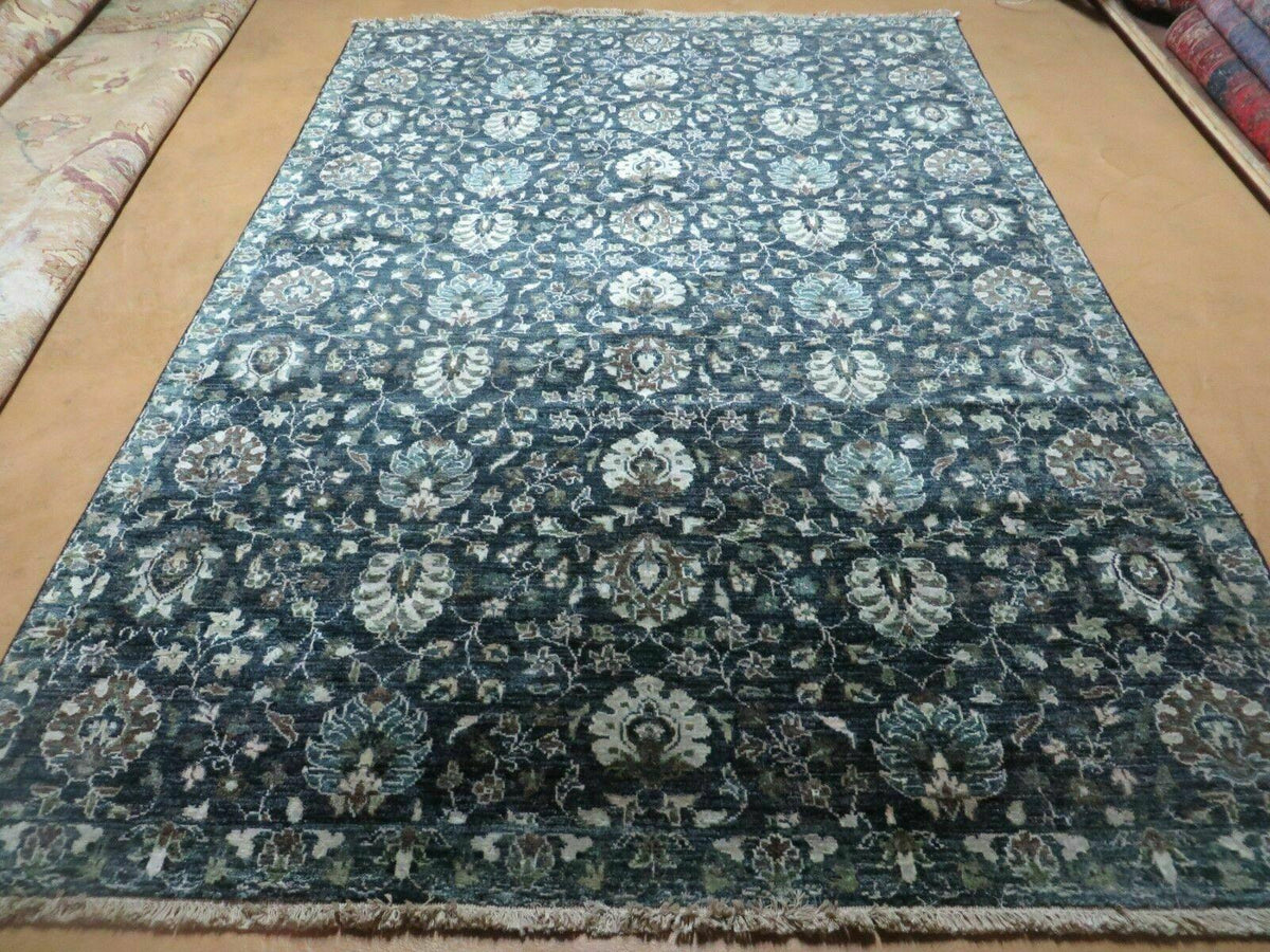 5' 6" X 8' Vintage Handmade Pakistani Floral Oriental Wool Rug Black Dark Grey - Jewel Rugs, view 9