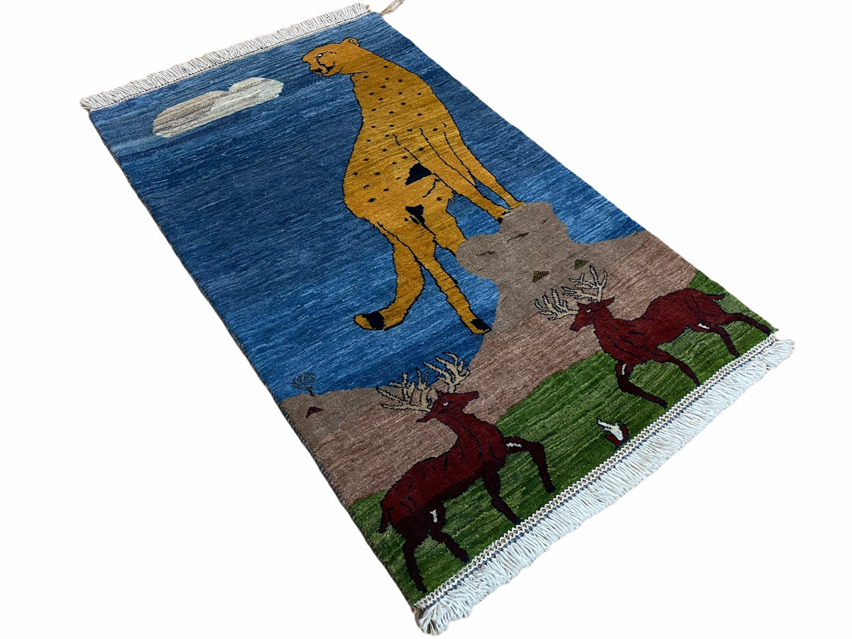 3 x 5 Handmade New Vintage Wool Blue Rug Leopard Lion Jaguar Deer Organic Dyes - Jewel Rugs, view 3