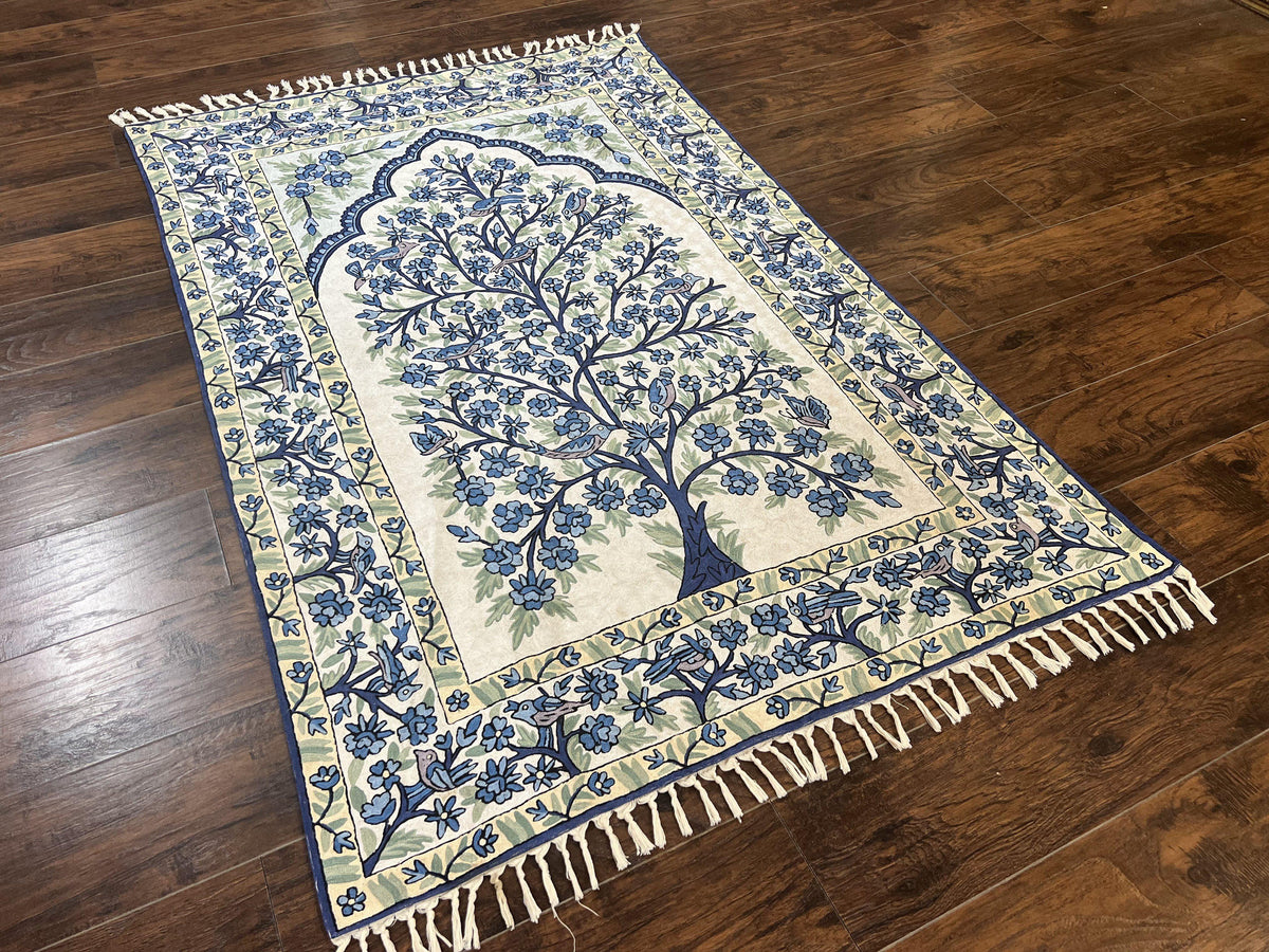 Tree of Life Indian Hand Stitched Rug 4x6, Indian Wall Hanging Rug, Ivory Blue, Silk on Cotton, Vintage - Jewel Rugs, view 3