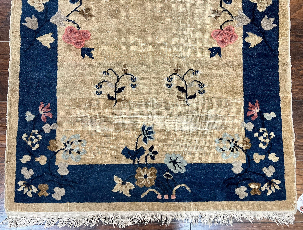 Antique Chinese Peking Rug 3x6, Beige and Dark Blue Hand Knotted Handmade Asian Oriental Carpet, Floral Vases, Vintage Wool Art Deco Rug - Jewel Rugs, view 6
