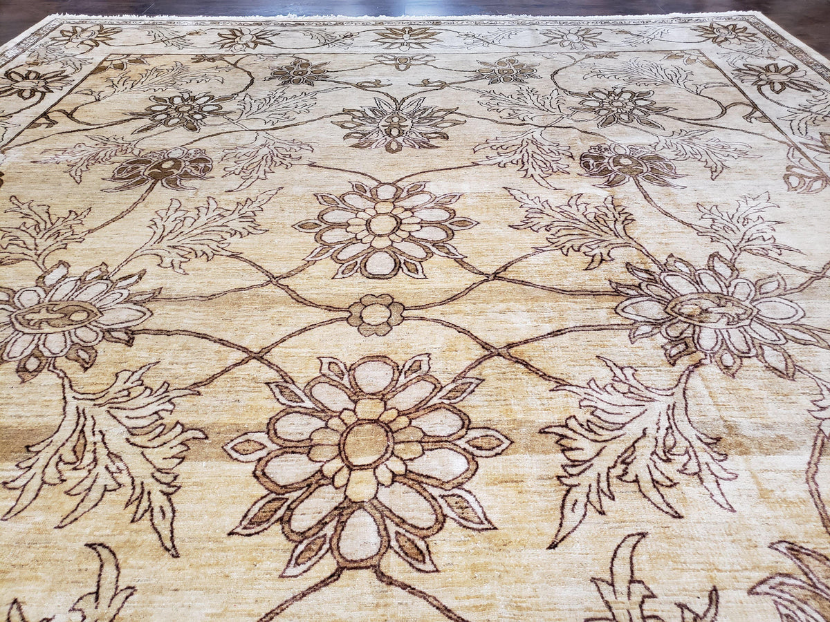 Oversized Peshawar Chobi Oushak Area Rug 11.6 x 12.5, Wool Hand-Knotted Light Gold & Ivory Decorative Pakistani Floral Carpet, 11x12 - 12x13 - Jewel Rugs, view 13