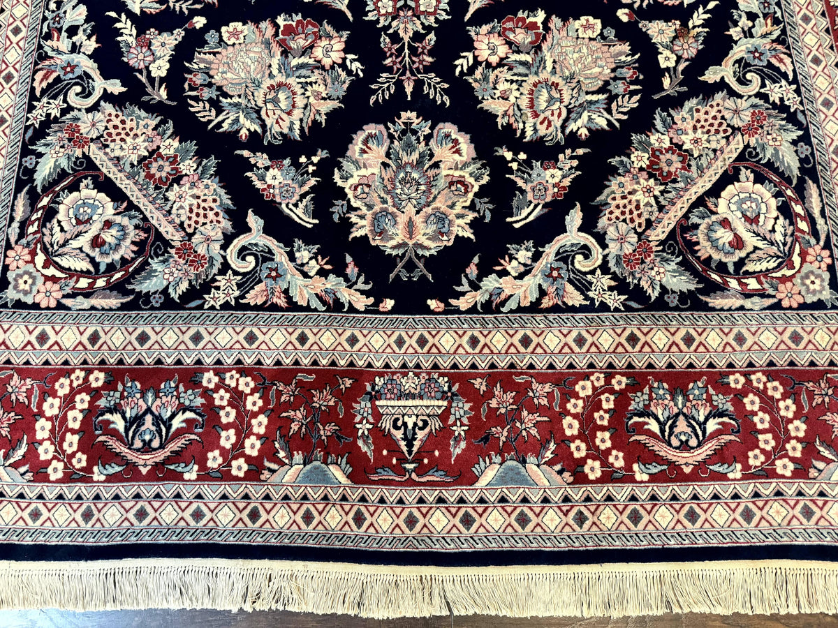 Sino Persian Rug 8x10, Floral Kirman Carpet, Navy Blue and Red, Floral Vases, Handmade Vintage Wool Carpet, 320 KPSI - Jewel Rugs, view 6