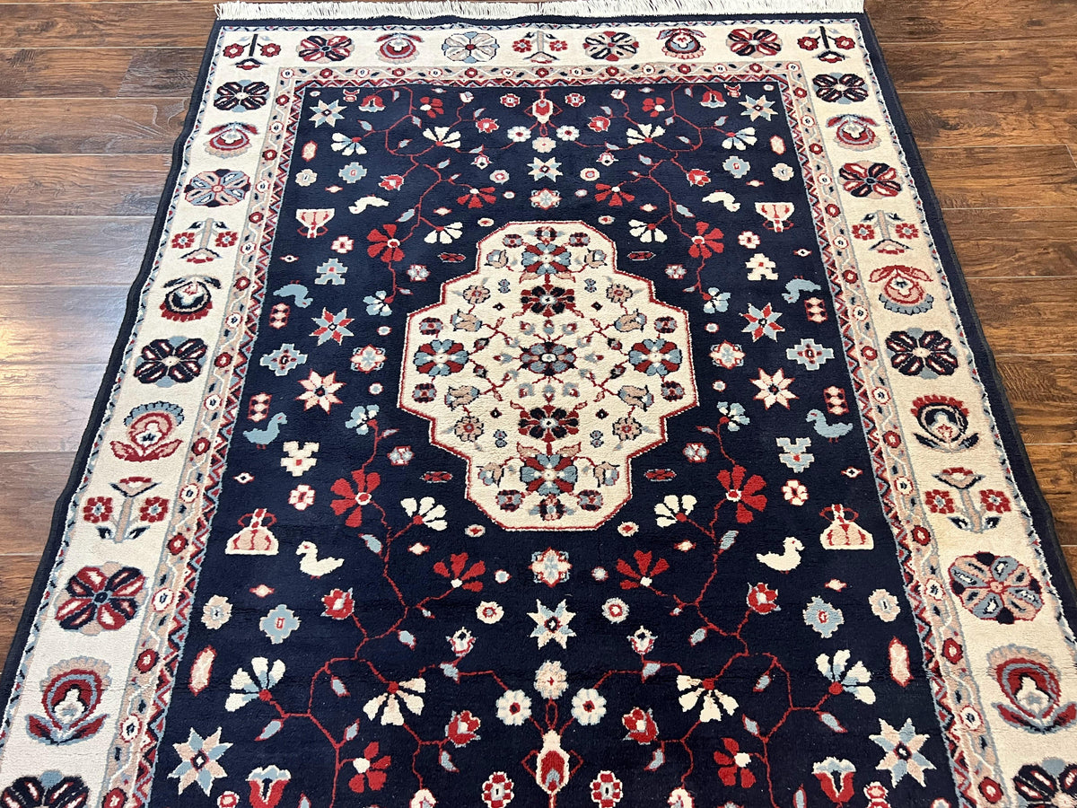 Belgium Power Loomed Rug 5.6 x 7, Navy Blue and Ivory, Heriz Pattern, Vintage Oriental Carpet - Jewel Rugs, view 3