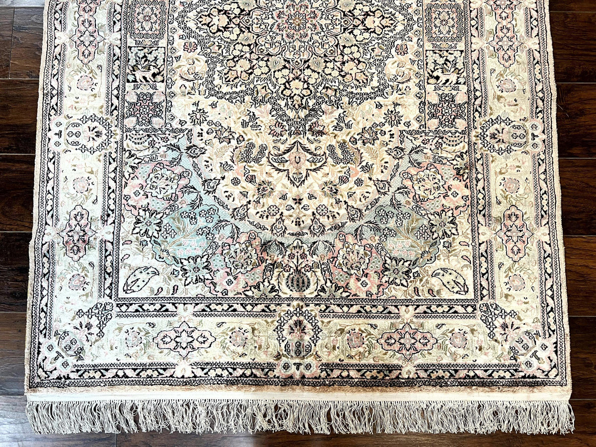 Silk Indian Kashmiri Rug 4x6, Handmade, Ivory, Fine 240 KPSI - Jewel Rugs, view 5