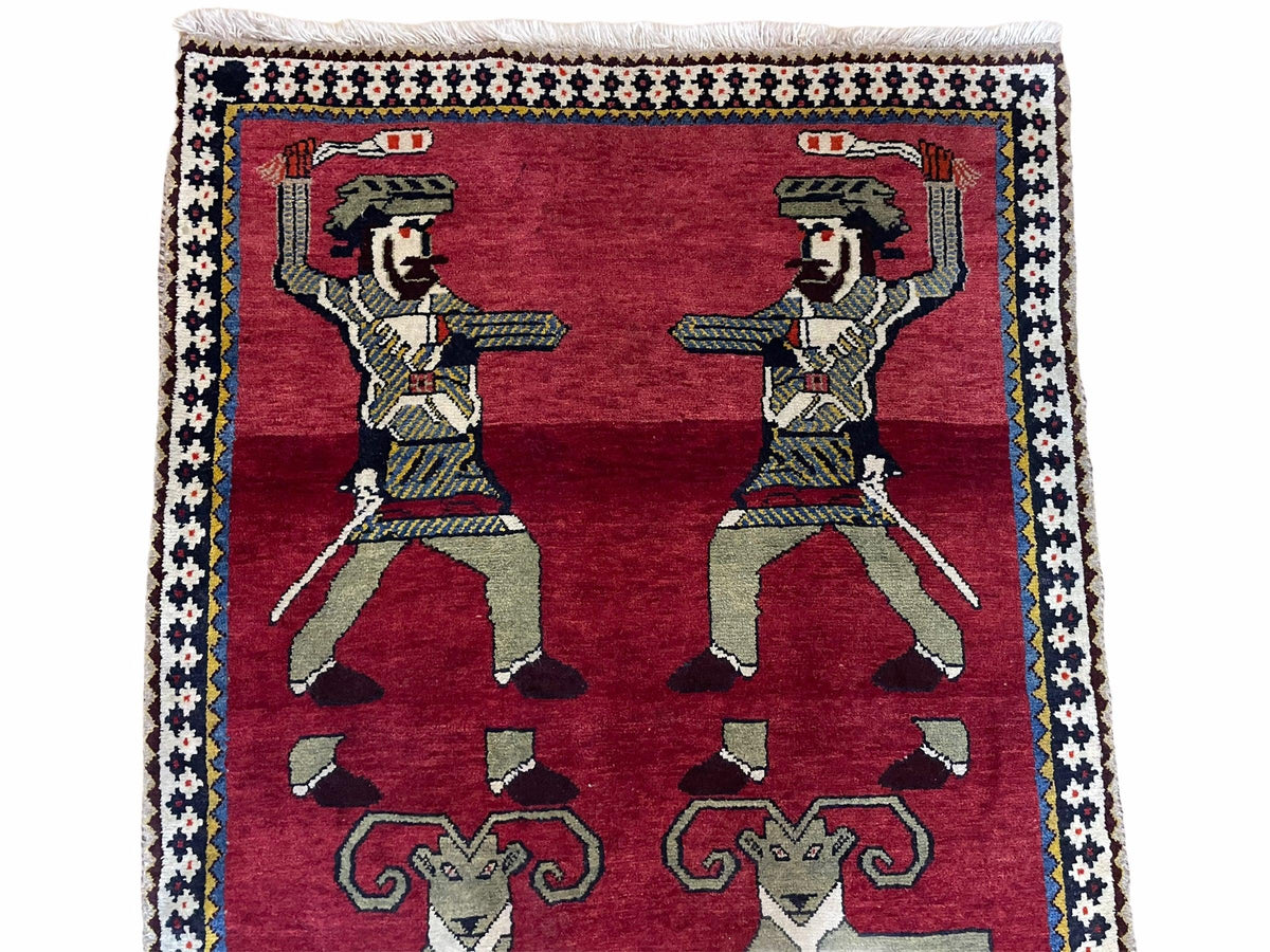 3 X 6 Handmade Wool Rug Tribal Balouch Warriors Deer Animal Pictorial Red Swords - Jewel Rugs, view 4