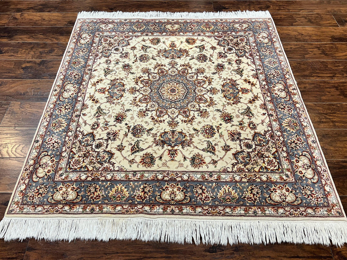Sino Persian Square Rug 5x5, Very Fine Oriental Carpet, Wool & Silk Highlights, Ivory, Hand Knotted Handmade Vintage Traditional Rug - Jewel Rugs, view 2