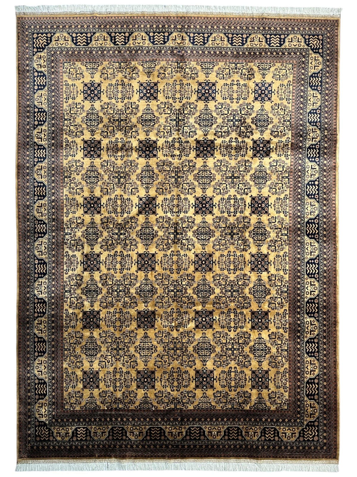 Afghan Turkmen Rug 8x12 | Gold, Navy & Ivory | Hand-Knotted Wool - Rugistan