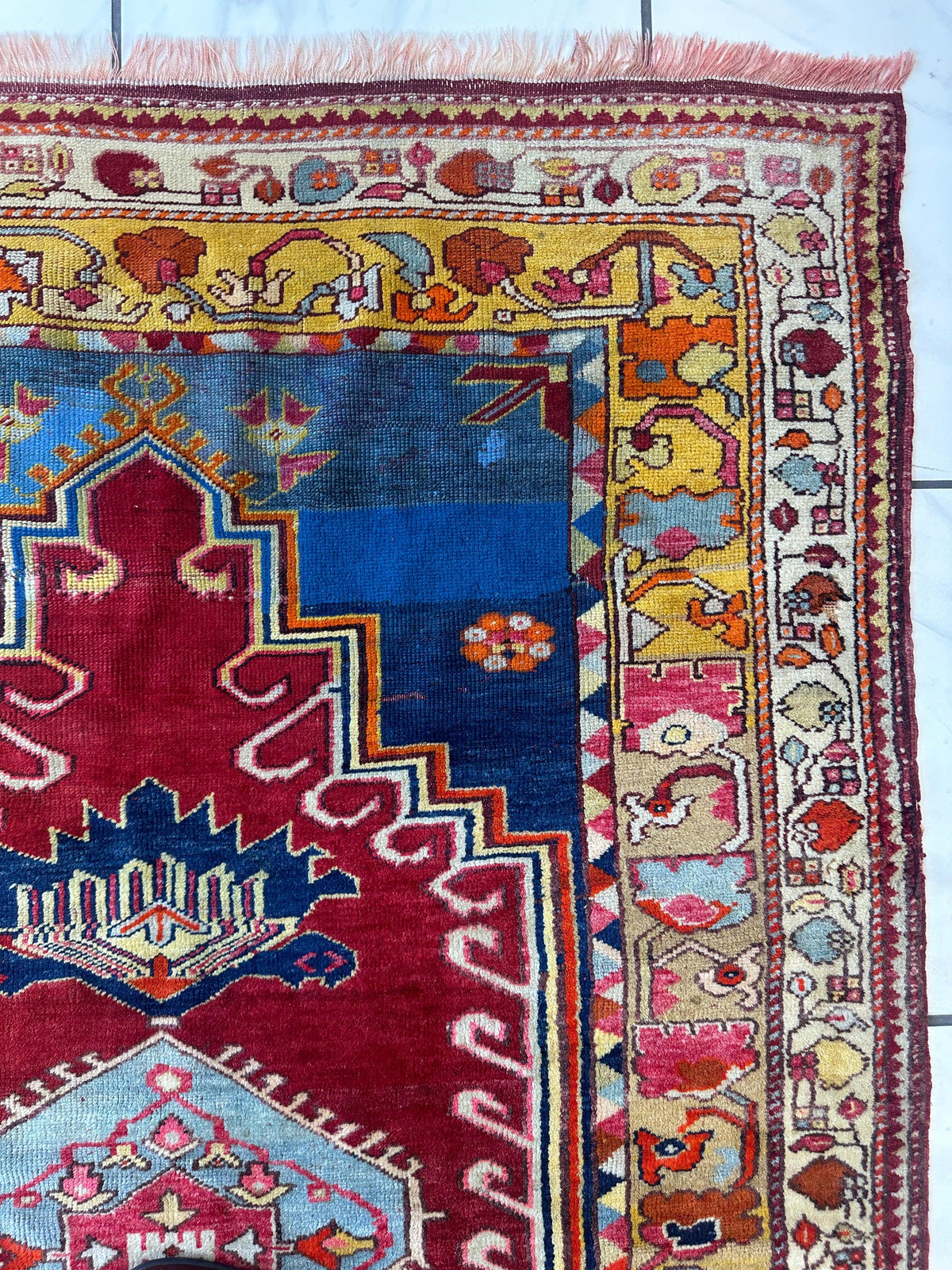 Antique Turkish Rug 4x6 | Red, Blue & Gold | Hand-Knotted Wool - Rugistan, view 12