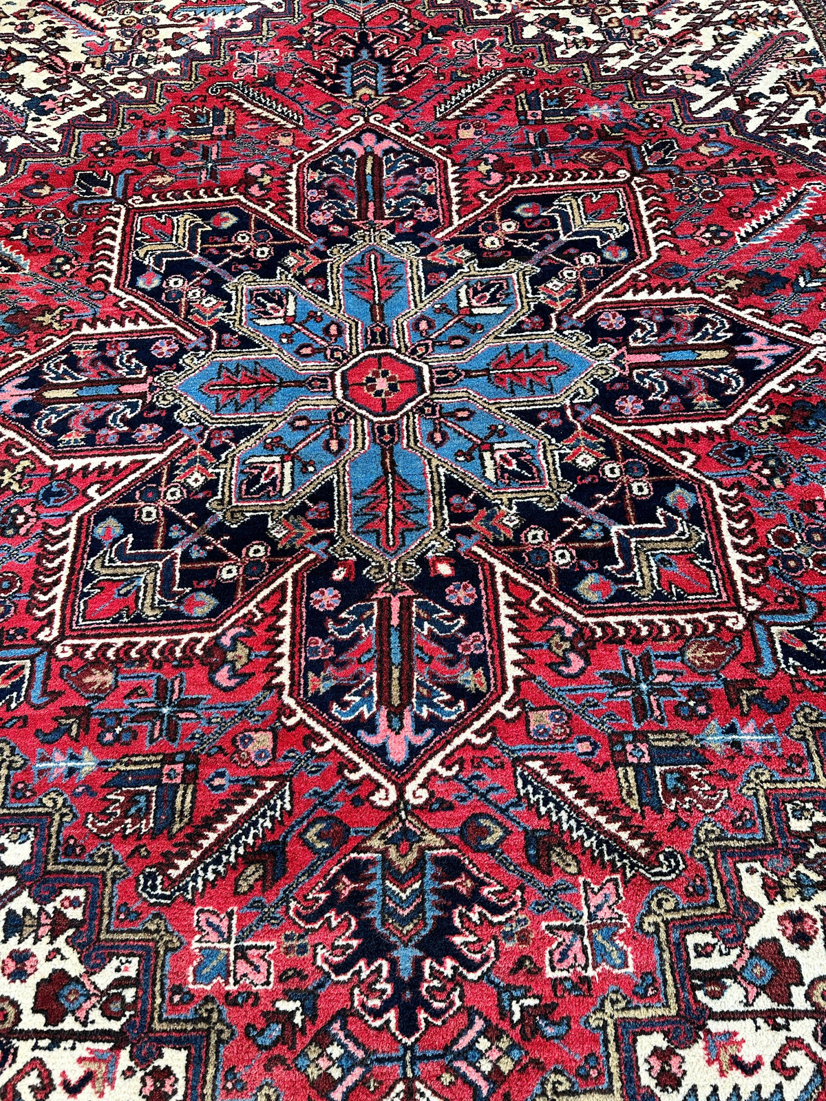 Vintage Persian Heriz Rug 9x12 | Red, Ivory & Navy | Hand-Knotted Wool - Rugistan, view 6