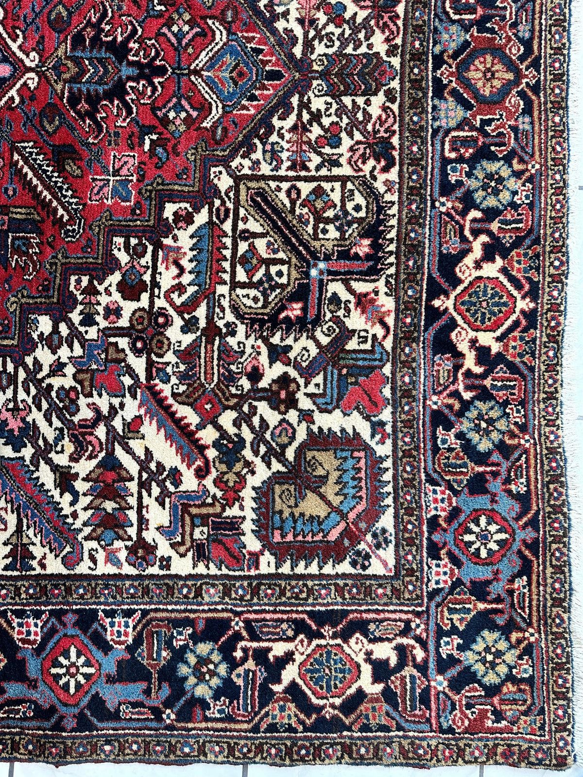 Vintage Persian Heriz Rug 9x12 | Red, Ivory & Navy | Hand-Knotted Wool - Rugistan, view 8
