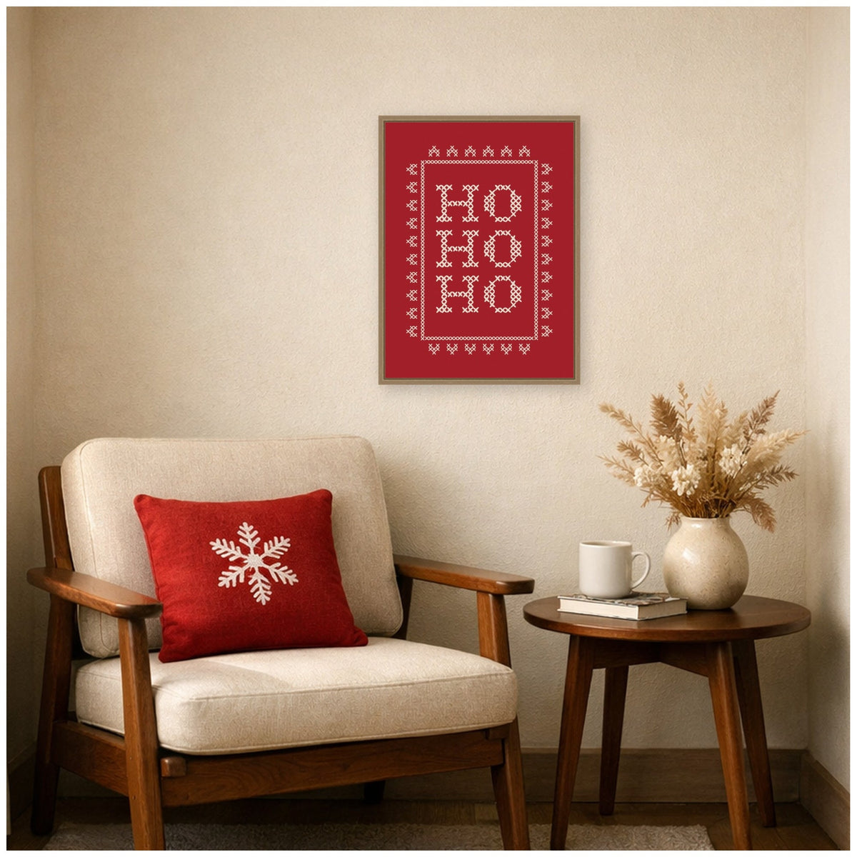 Ho Ho Ho Cross Stitch Red by Kikiandnim Framed Canvas Wall Art Print