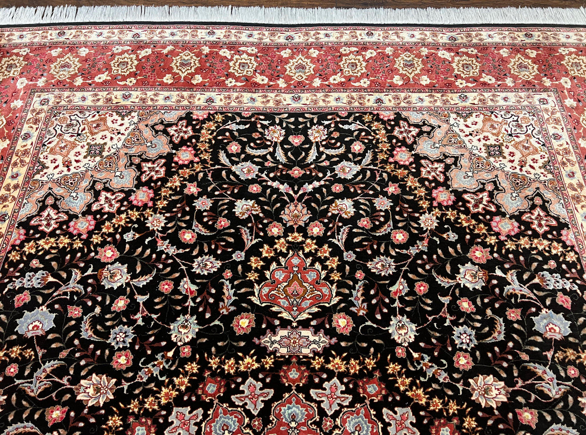 Marvelous Persian Tabriz Rug 7x10 ft, Super Fine 50 Raj, 300+ KPSI, Black and Rust Red, Floral Medallion Handmade Wool Oriental Carpet, Top Quality - Jewel Rugs, view 13