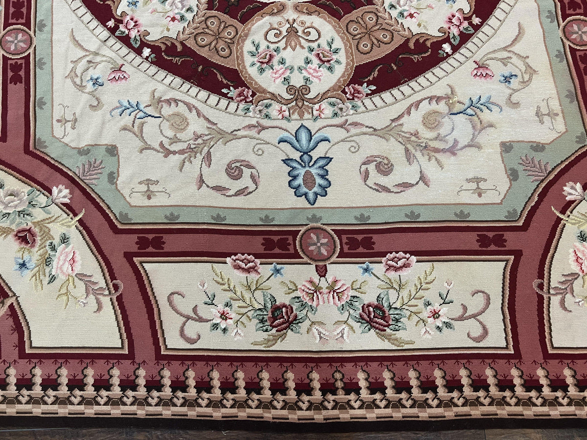 Needlepoint Rug 7.9 x 9, Beige Maroon Rose, Handmade Handwoven Flatweave Aubusson Savonnerie French European Elegant Carpet, Wool Rug - Jewel Rugs, view 6