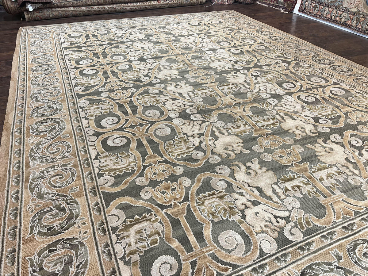 Spanish Rug 11x14, Wool Hand Knotted Vintage Carpet, Olive Green and Beige, Floral Allover, European Design, 11 x 14 Rug - Jewel Rugs, view 13