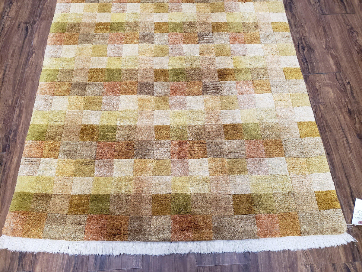 4x6 Tibetan Rug, Modern Abstract Handmade Area Rug, Checkerboard Pattern, Neutral Ivory Gold Tan Colors, Soft Pile, Mid Sized Rug, Nepali - Jewel Rugs, view 6