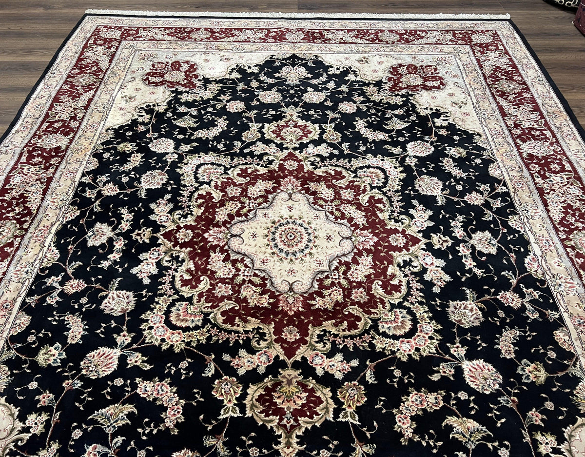 Pak Persian Rug 8.8 x 10.6, Floral Medallion, Wool and Silk Hand Knotted Fine Oriental Carpet, Elegant Rug, Black Gray Burgundy, Room Sized - Jewel Rugs, view 11