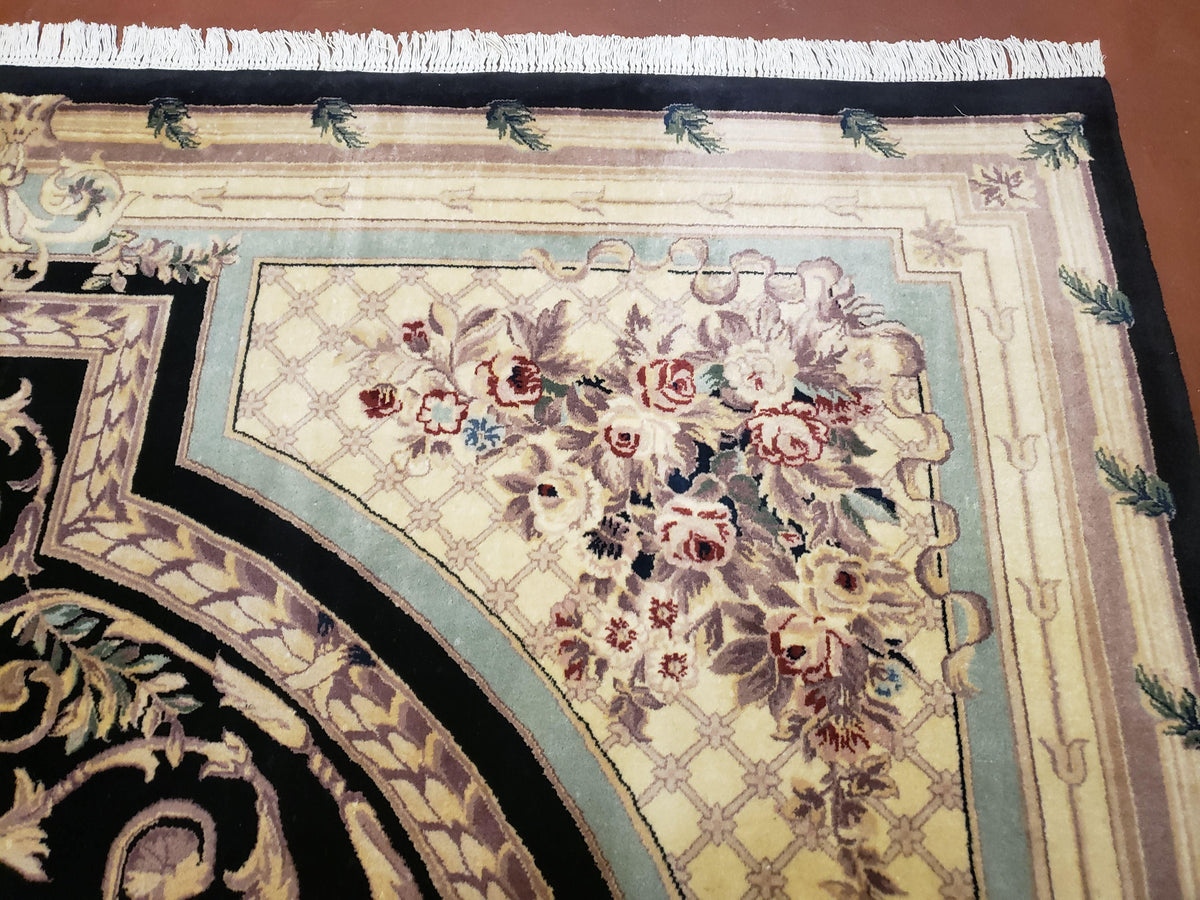8x10 Aubusson Rug, Fine Hand Knotted Wool Carpet, French European Design, Black & Ivory - Jewel Rugs, view 7