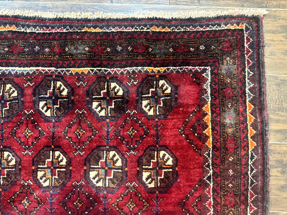 Persian Turkoman Tribal Rug 4x8, Handmade Vintage Wool Carpet, Red, Bohemian Rug - Jewel Rugs, view 8