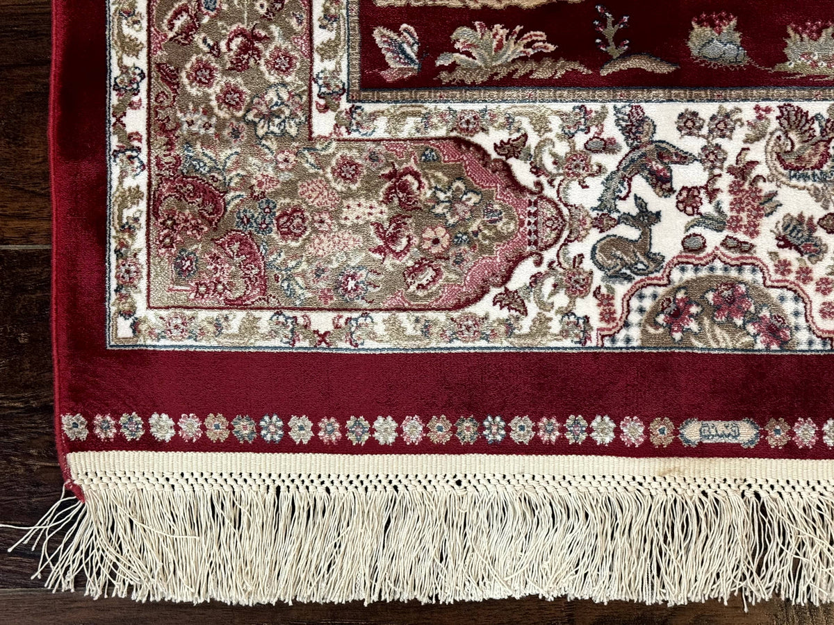 Dark Red Turkish Silk Rug 2.6 x 4, Hunting Design Scene, Bamboo Silk - Jewel Rugs, view 9