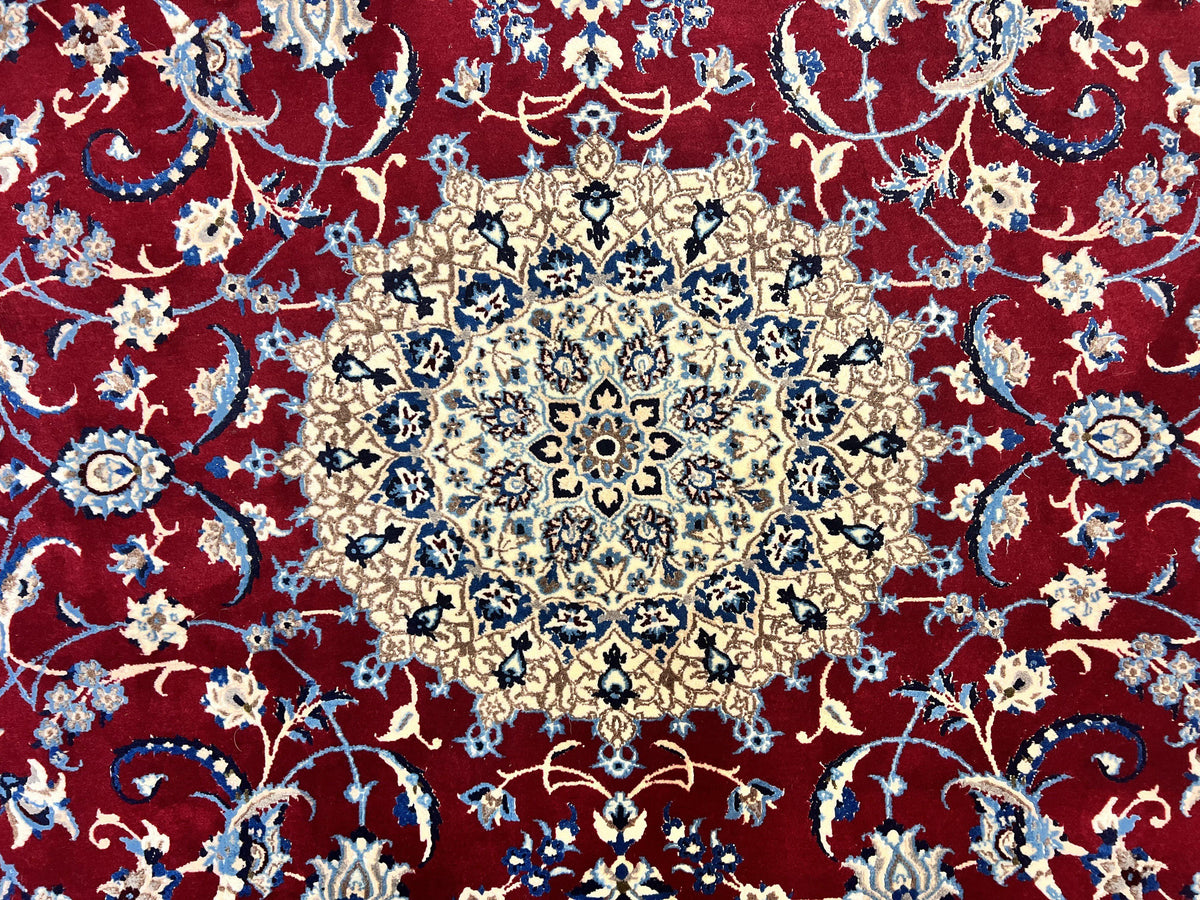Persian Nain Rug 6x10, Wool and Silk Highlights, Red and Ivory, Floral Medallion, Vintage Handmade Hand Knotted, Fine 225 KPSI, Traditional Rug - Jewel Rugs, view 4