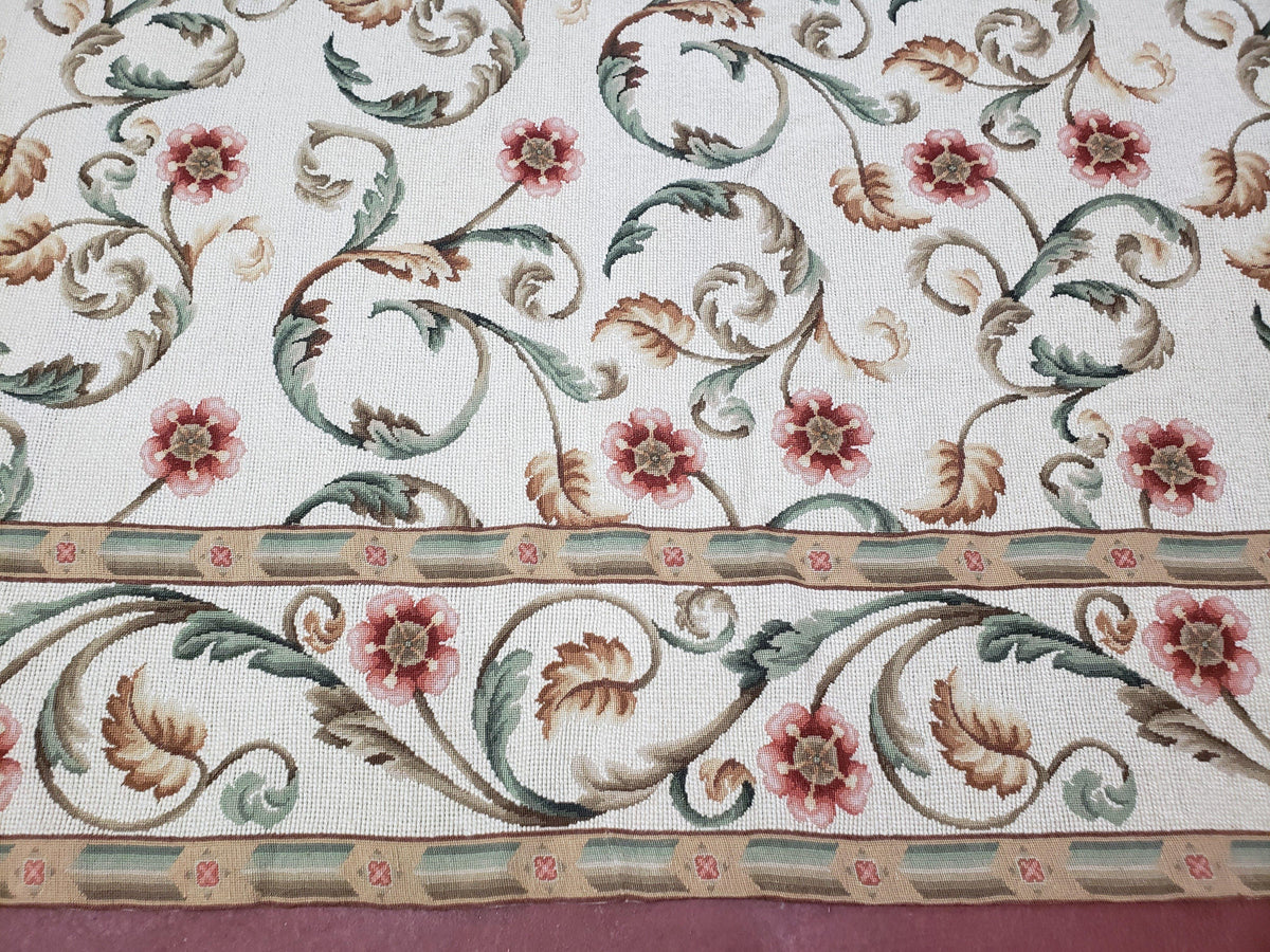 Needlepoint Rug 9x12, European Aubusson Design, Floral Allover Garden Pattern, New Needlepoint Area Rug, Ivory Rug, Hand Woven, Flatweave - Jewel Rugs, view 6
