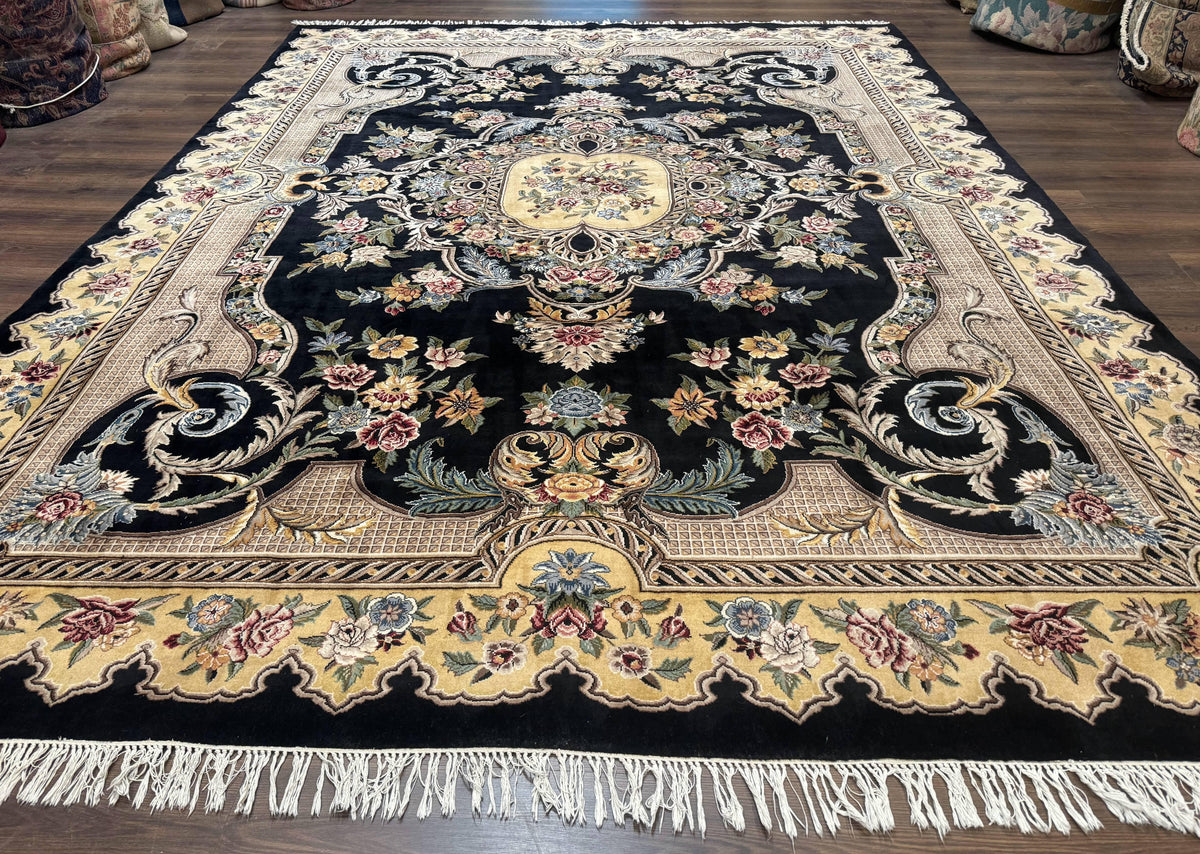 Aubusson Rug 9x12, Black and Beige, Floral, Elegant Handmade French European Design Carpet - Jewel Rugs, view 2