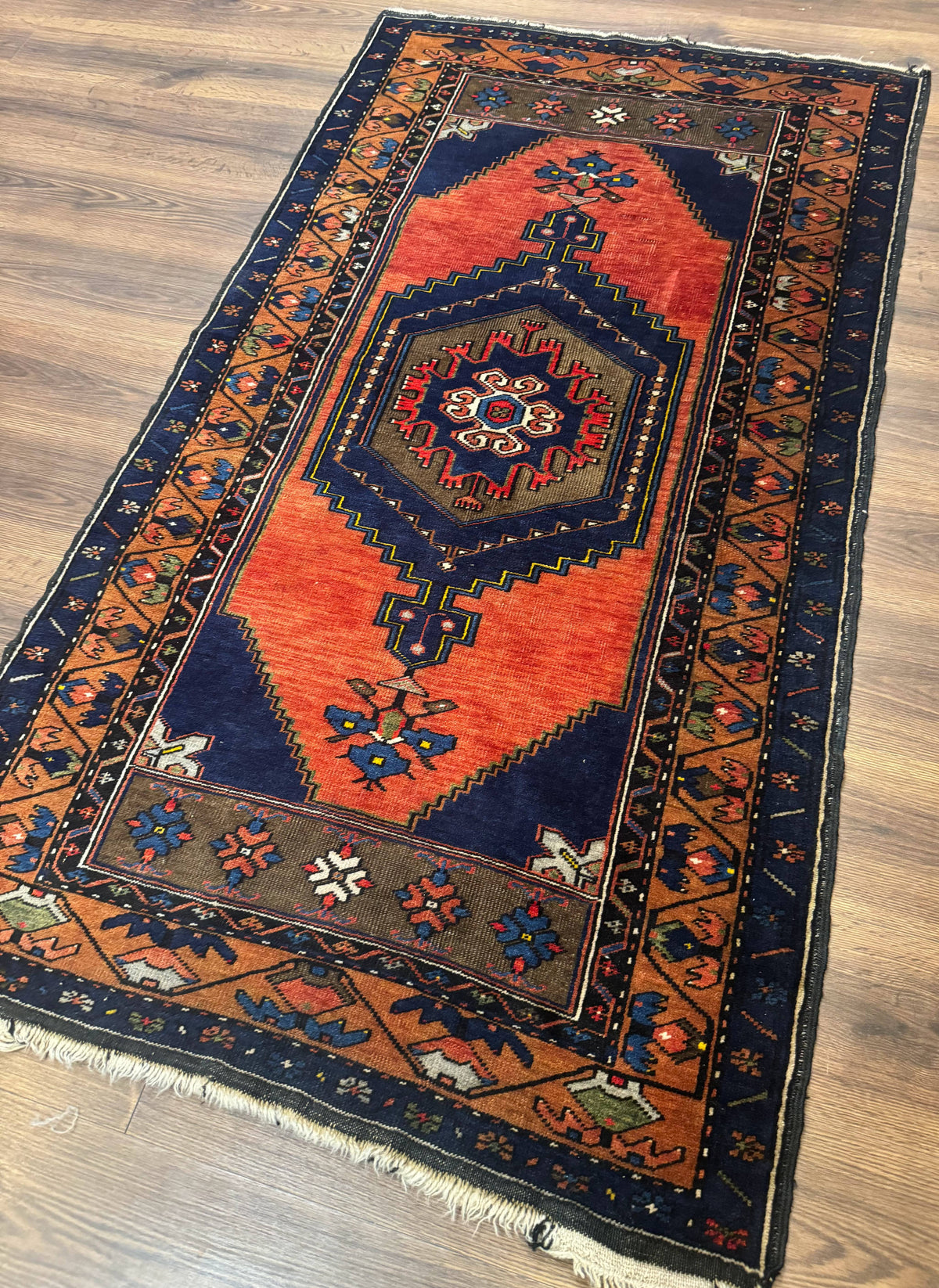 Persian Rug 3x6, Geometric Medallion, Village Tribal Rug, Terracotta and Navy Blue, Antique Nahavand Hamadan Rug - Jewel Rugs, view 3