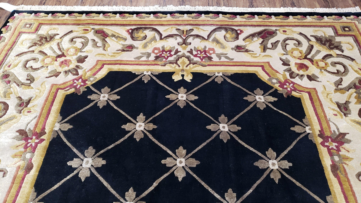 Nepal Rug 6x9, New Aubusson Nepalese Tibetan Carpet 6'1" x 8' 8", Hand-Knotted Wool, Unused, Black & Cream, Savonnerie Pattern, Soft Pile - Jewel Rugs, view 4