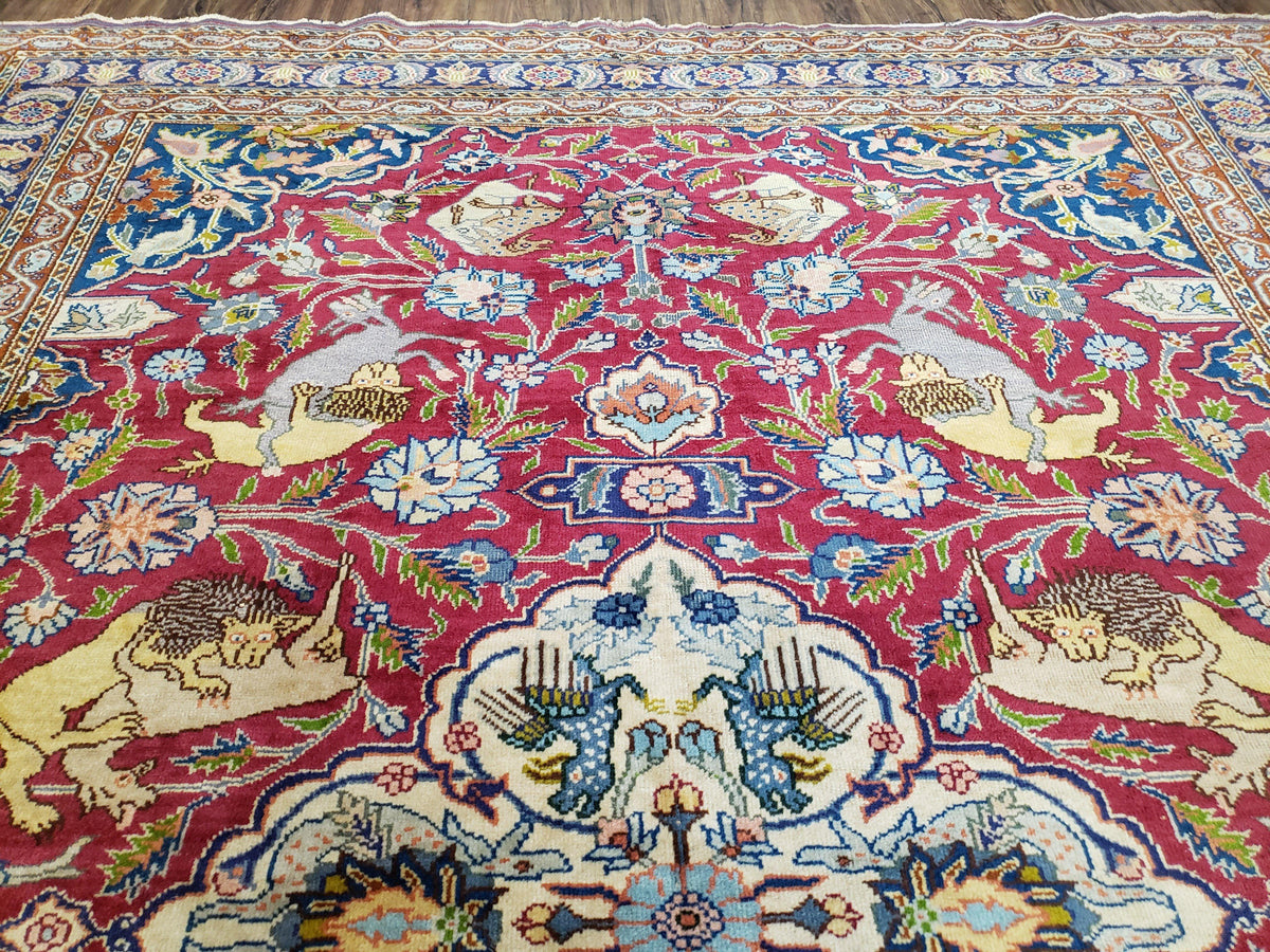 Antique Turkish Sivas Area Rug 8x11, Hand-Knotted, Vintage Red Wool Carpet, Gazelles Lions, Boteh Border, 8' x 11' Top Quality Oriental Rug - Jewel Rugs, view 6