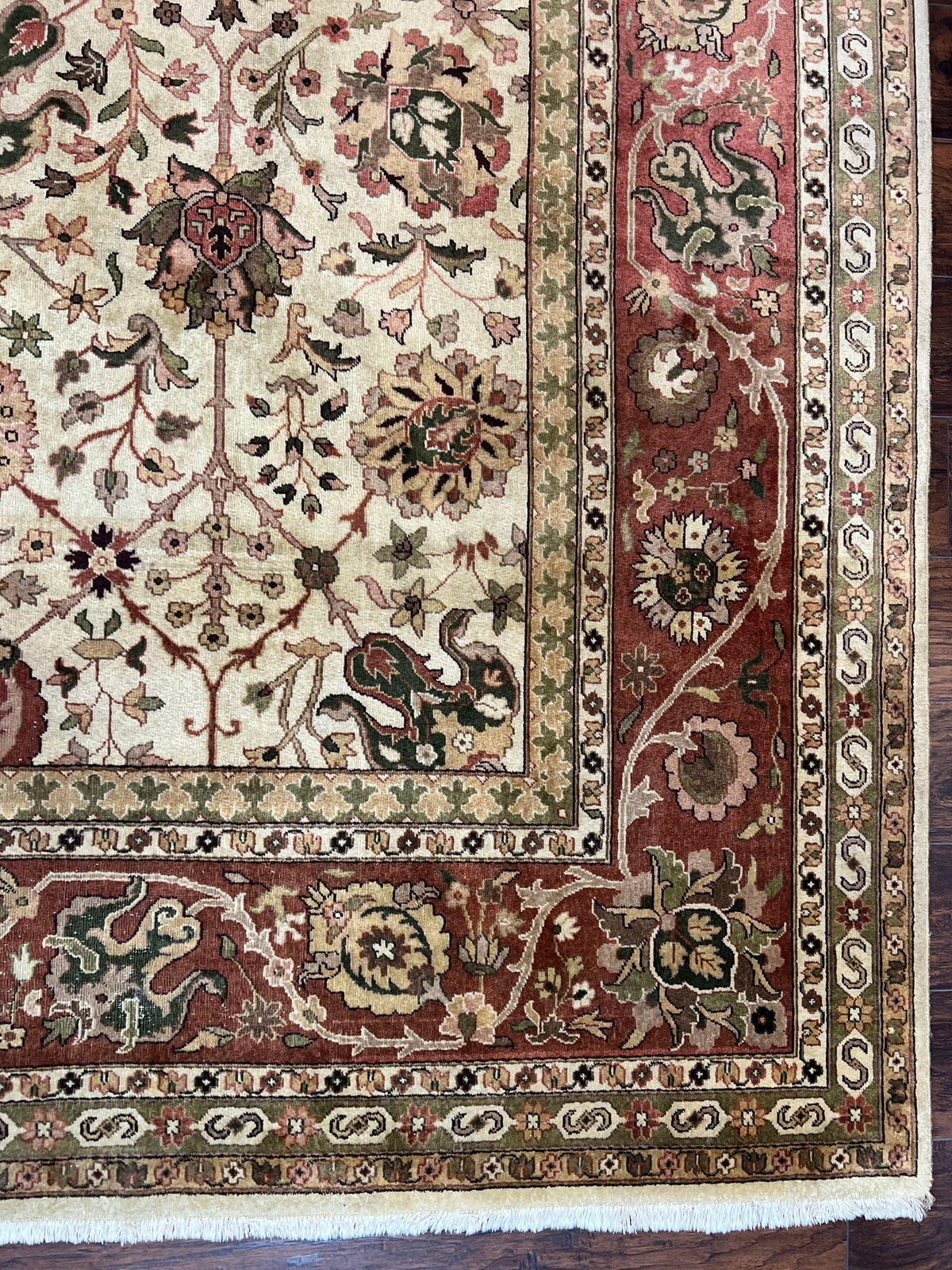 Large Indian Rug 10x14, Hand Knotted Indo Persian Gandehar Oriental Carpet, Vintage Wool Rug 10 x 14 ft Cream Red Floral Allover Traditional - Jewel Rugs, view 10