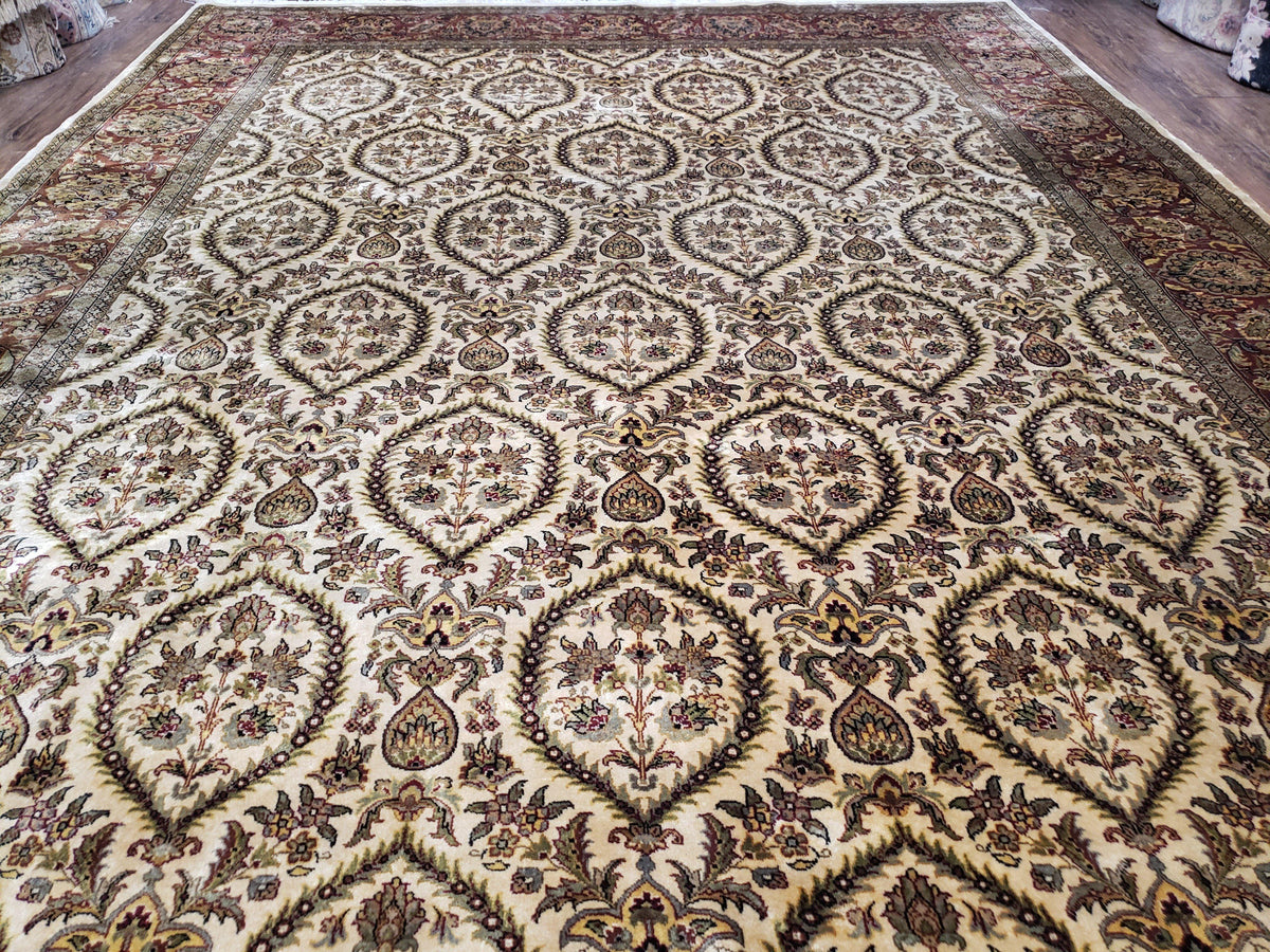 Vintage Indo Persian Area Rug 9x12, Wool Hand-Knotted Ivory & Dark Red Oriental Carpet, Fine Weave 9 x 12 Indian Rug, Dining Room Rug - Jewel Rugs, view 6