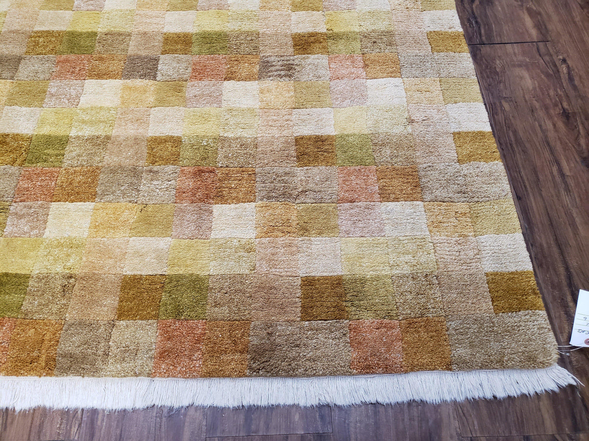 4x6 Tibetan Rug, Modern Abstract Handmade Area Rug, Checkerboard Pattern, Neutral Ivory Gold Tan Colors, Soft Pile, Mid Sized Rug, Nepali - Jewel Rugs, view 10