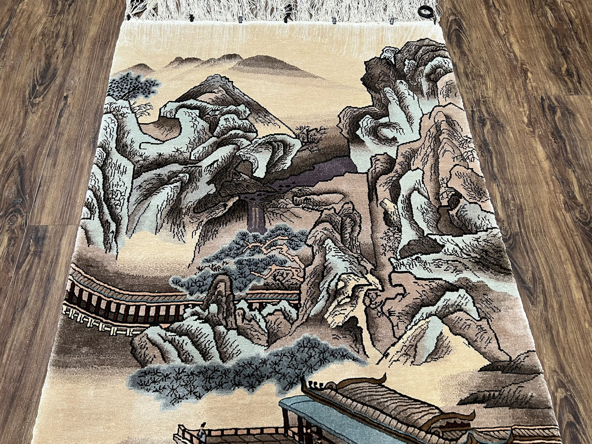Silk Chinese Wall Hanging Rug 3x6 ft Tapestry, Pagoda Scene, Pictorial, High Quality Fine Hand Knotted Vintage, Asian Oriental Handmade Nice - Jewel Rugs, view 13