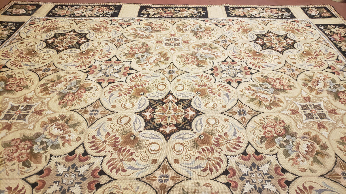 Needlepoint Rug 8x10ft Allover European Design Flowers 100% Wool Hand Knotted Aubusson Area Rug Brand New Flatweave Needle Point Carpet Chic - Jewel Rugs, view 4