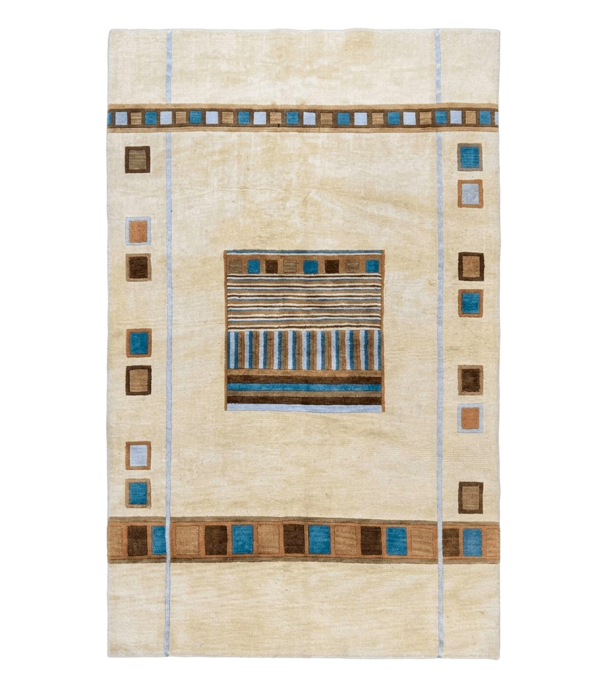 Tibetan Rug 5x8, Contemporary Rug 5 x 8 ft, Cream Brown Blue Hand-Knotted Wool w/ Silk Highlights Tibetan Carpet, Modern Rug - Jewel Rugs