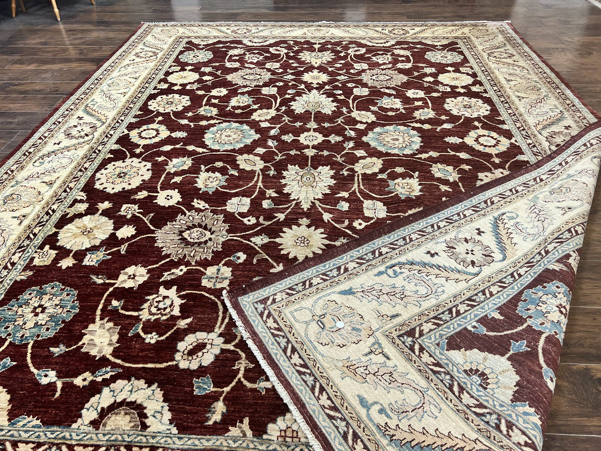 Peshawar Rug 9x11, Pakistani Oriental Carpet, Maroon and Beige, Floral Allover, Wool Hand Knotted Handmade Vintage Rug - Jewel Rugs, view 11