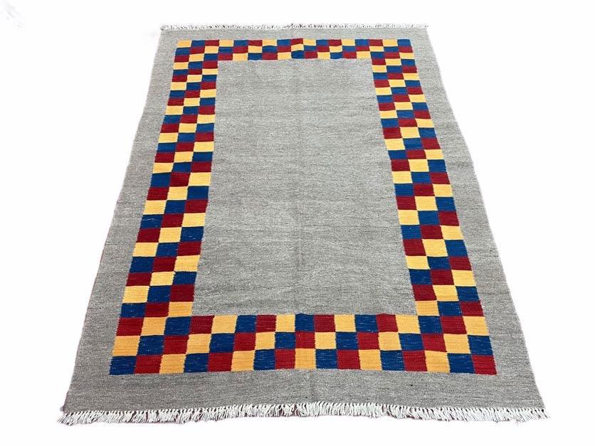Gray Kilim Carpet, Yellow, Red, Blue Checkerboard Pattern, Flatweave, New, Geometric, Hand-Knotted, Wool, Turkish Area Rug, 5' 9" x 7' 9" - Jewel Rugs, view 2